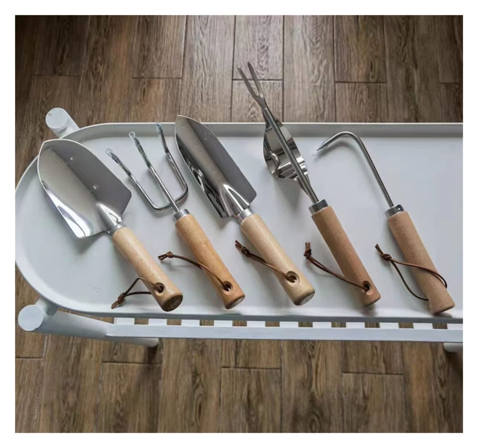 Garten-Blumentopfwerkzeuge, Gartenwerkzeug, Unkrautentferner, 3-teiliges Gartenwerkzeug-Set mit Holzgriffen, Kelle, Handverpflanzungsmaschine, Unkrautstecher und Gabel, aus Edelstahl (Color : E-5Pcs G