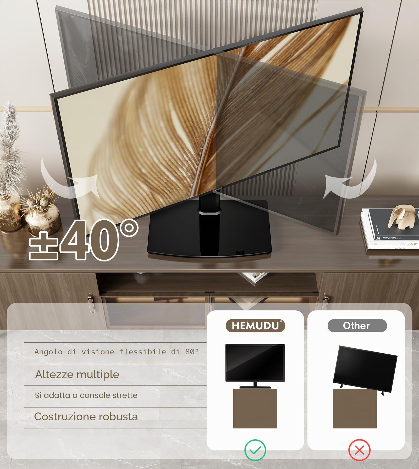 Hemuduplus Supporto TV da Tavolo, Staffa TV da 27 a 60 Pollici, Supporto TV Girevole 80º, 4 Livelli Regolabili in Altezza, Piedistallo TV Regge Fino a 45 kg, Staffa TV Max Vesa 400X400mm