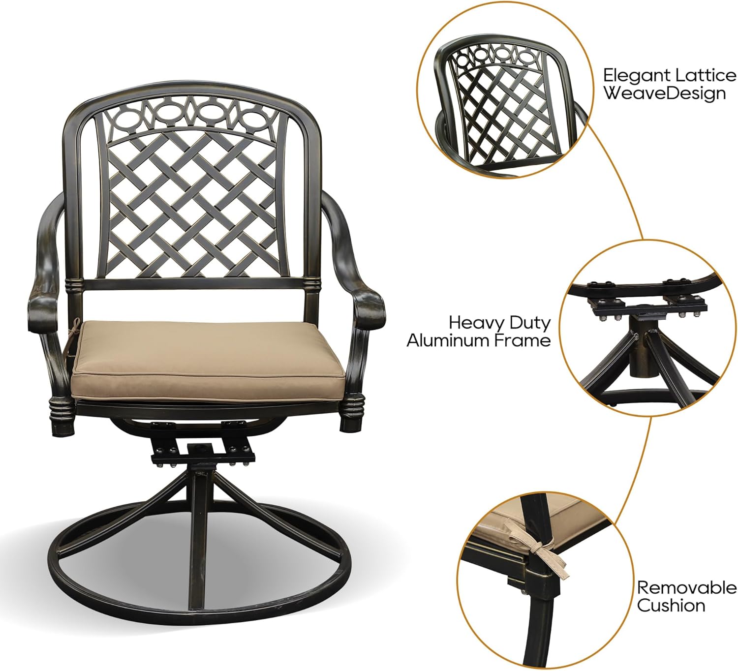 Antique Bronze Swivel Patio Dining Chairs with Cushions, Set of 2