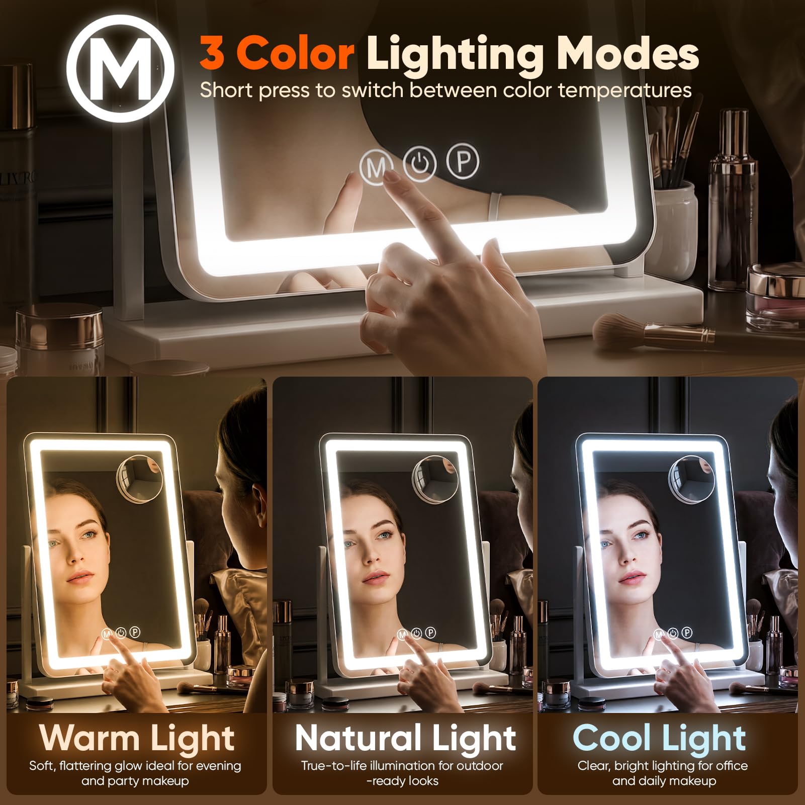 Antok Luces de espejo de maquillaje, 13 x 18 pulgadas, espejo de tocador grande con luz LED para mesa de dormitorio, tacto inteligente, con aumento desmontable de 10 veces