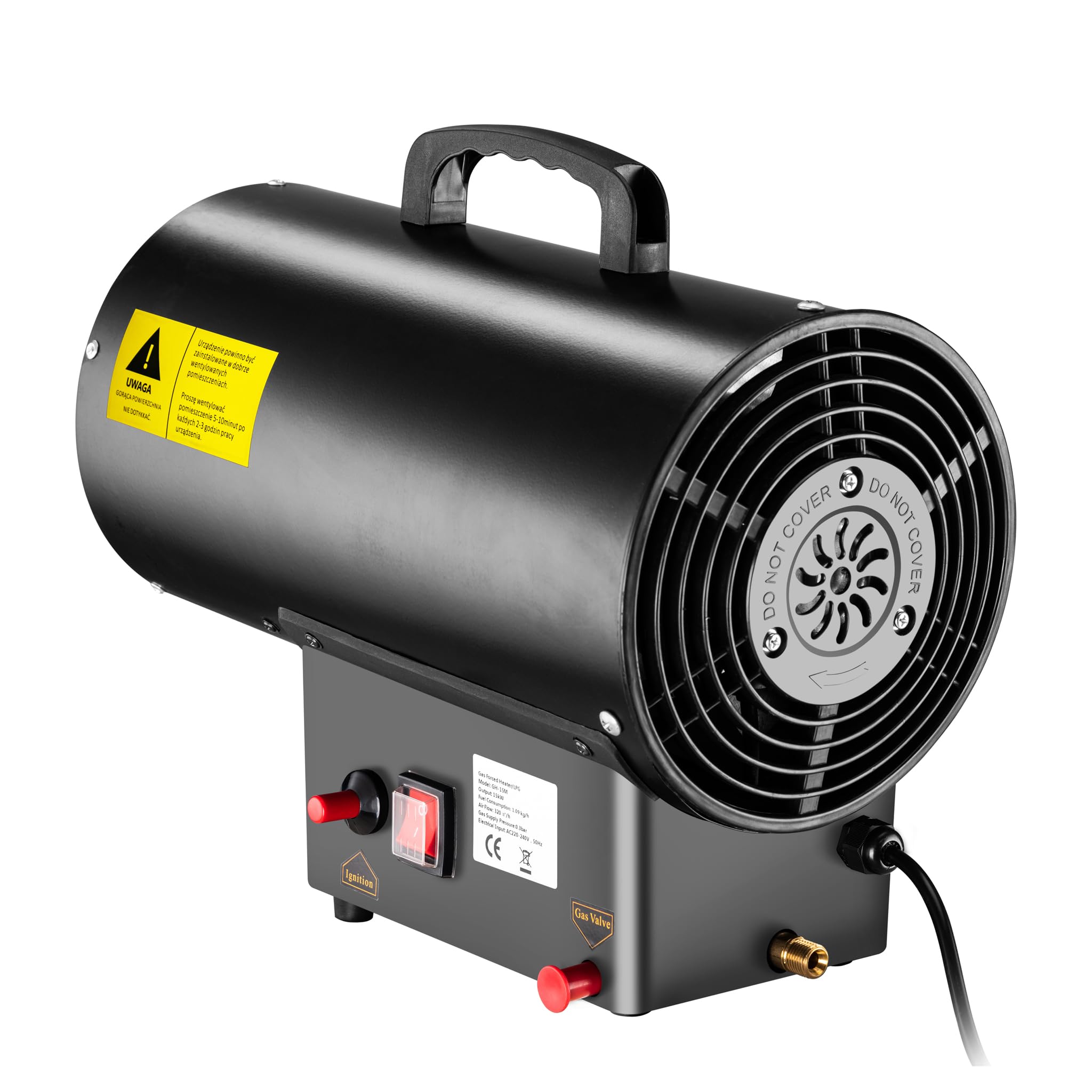 Generatore Riscaldatore Cannone Ventilato aria calda a gas GPL 15 kW, con avviamento piezoelettrico con regolatore e tubo 1,5 m