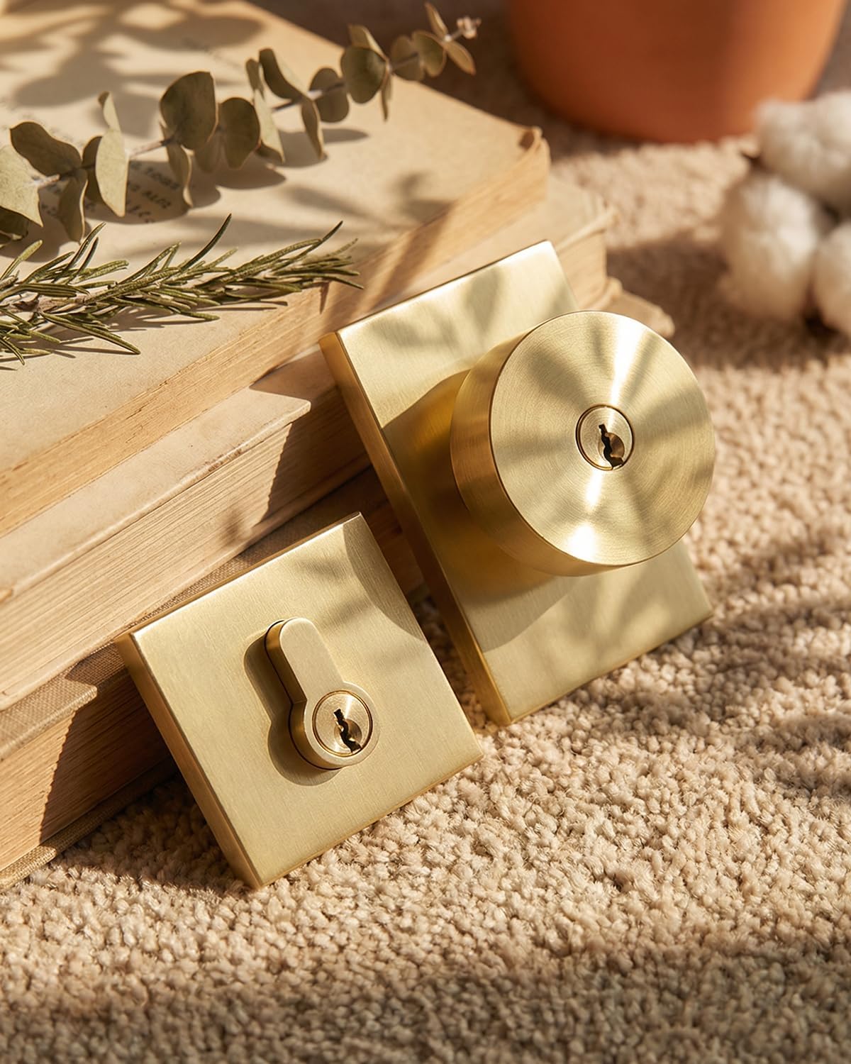 Goldenwarm Gold Exterior Door Lock Set, Square Contemporary Brushed Gold Door Knob and Deadbolt Set, Heavy Duty Brass Door Locks for Front Door (1 Pack)