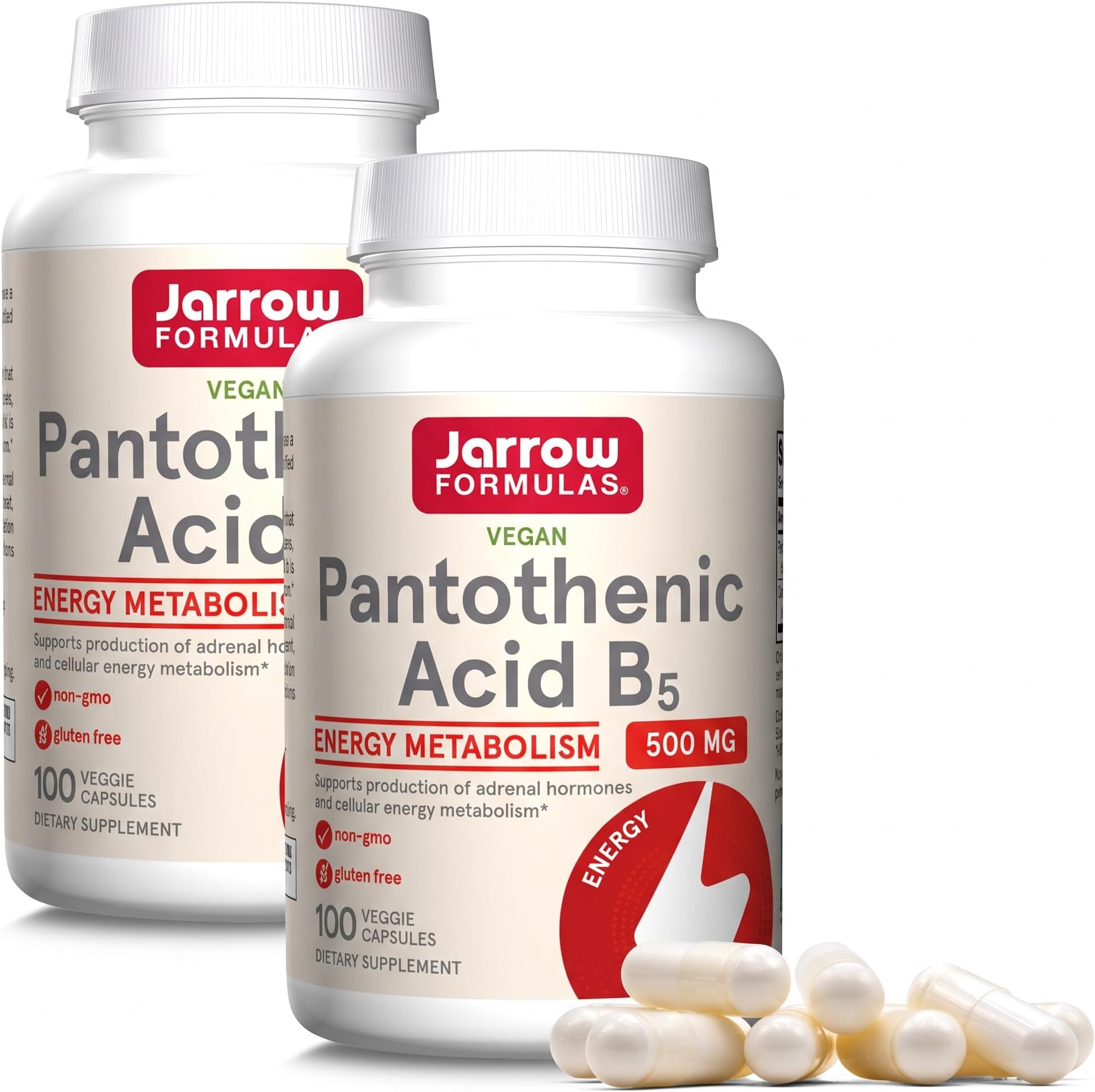 Jarrow Formulas Pantothenic Acid B5 500 mg - 100 Veggie Caps - Essential B Vitamin - Energy Production & Metabolism Support - 100 Servings (Pack of 2)