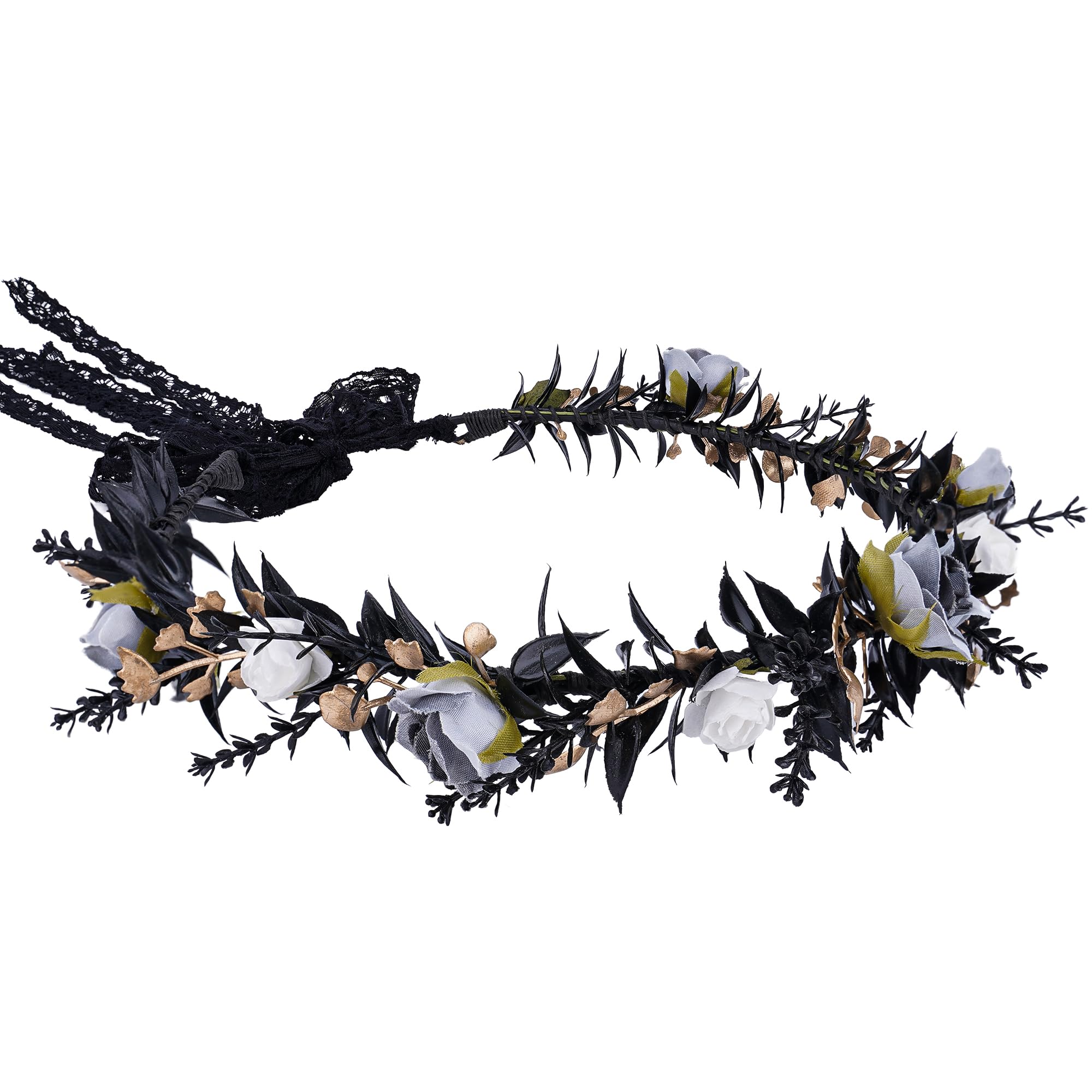 MOSTORY Black Flower Headpiece - Fairy Floral Crown Dark Elf Crown Elven Circlet for Renaissance Halloween Gothic Wedding Cosplay Renfaire Accessory