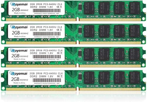 Kit de 8 GB (4 x 2 GB) DDR2 800 Mhz Udimm RAM, Royemai DDR2-800U PC2-6400 2GB 1.8V CL6 240-pin 2Rx8 Non-ECC Unbuffered Desktop Computer Módulos de