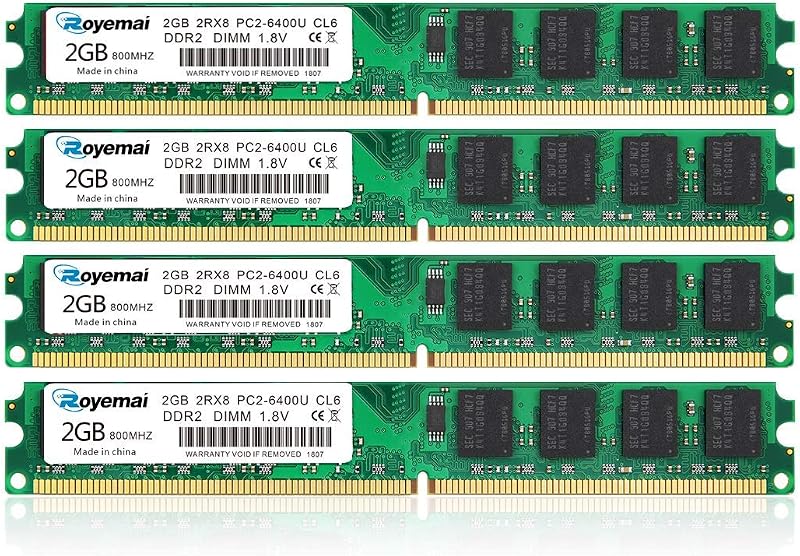 Kit 8GB (4x2GB) DDR2 800Mhz Udimm RAM, Royemai DDR2-800U PC2-6400 2GB 1.8V CL6 240-pin 2Rx8 Módulos de memoria RAM de escritorio sin búfer sin ECC