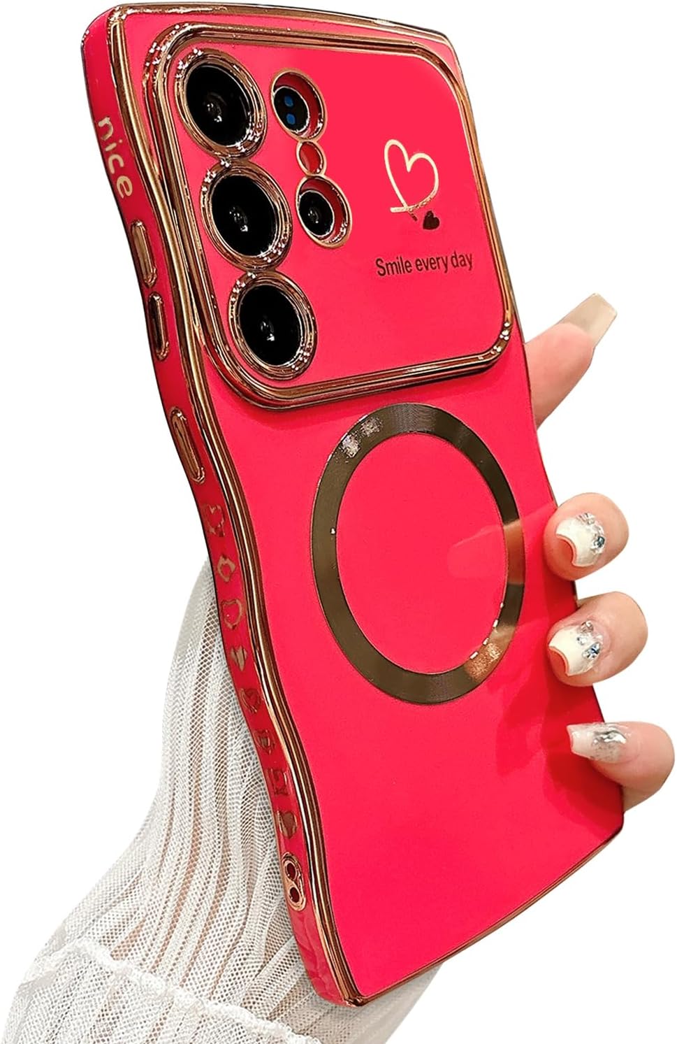 for Samsung Galaxy S25 Ultra Case Magnetic,for Women Girls Soft Cute Wave Frame Curly Shape Love Heart Luxury Plating Phone Case Compatible with MagSafe Shockproof Back Cover 6.9"-Hot Pink Samsung Galaxy S25 Ultra Hot Pink