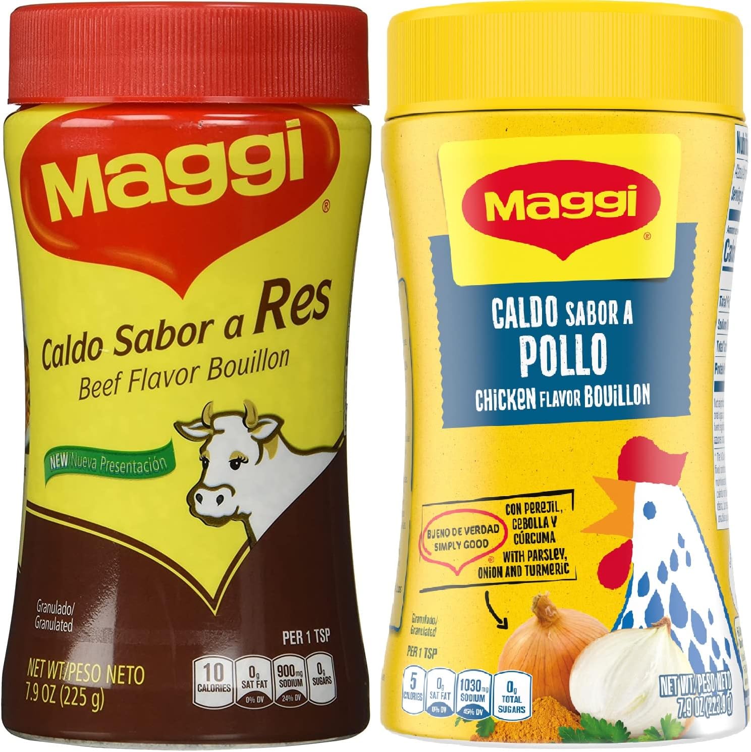 Maggi Chicken & Beef Bouillon Powder - Granulated Seasoning Base for Stock Bone Broth Ramen Stew Consome de Pollo 7.9 oz each container