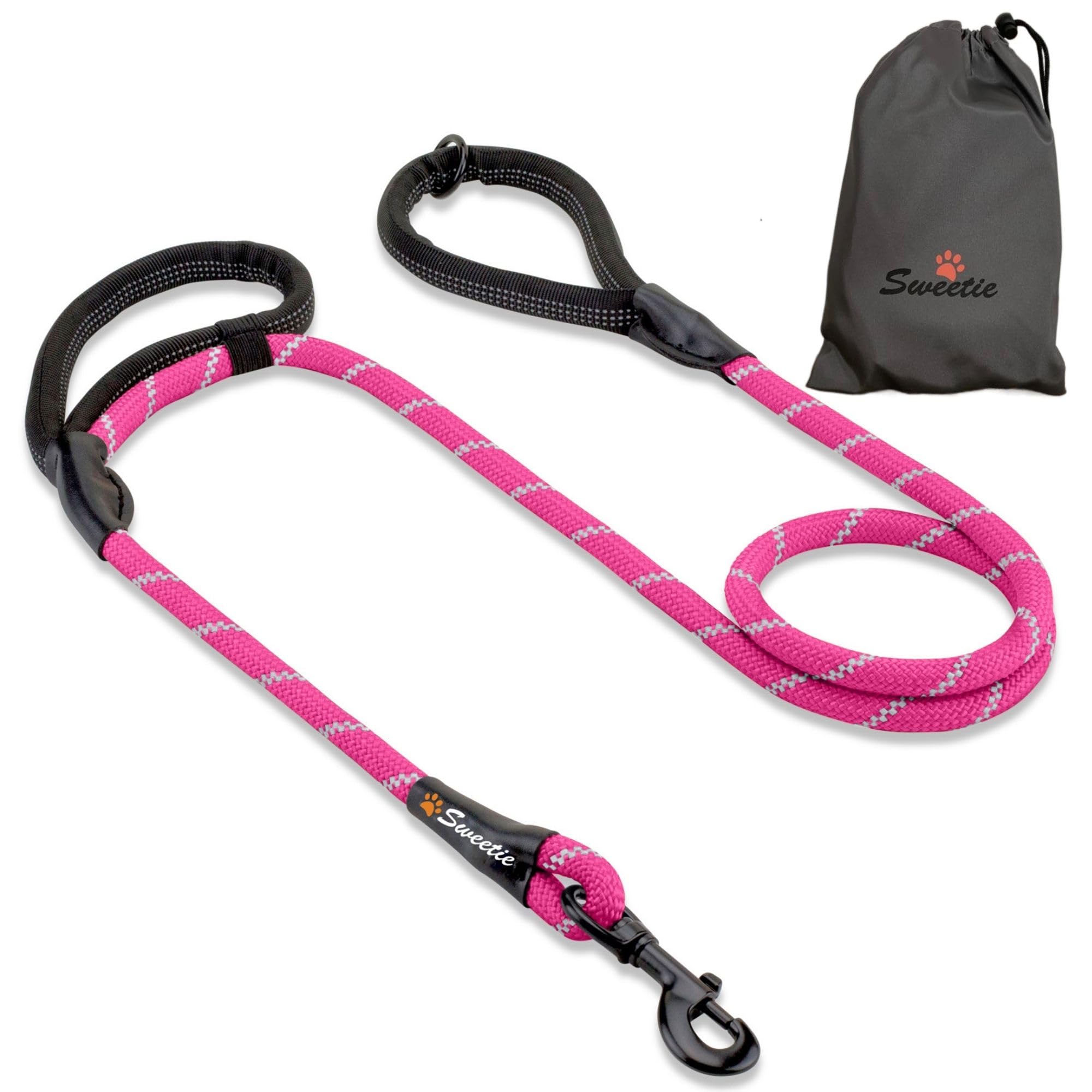 Rope Dog Lead, Pink Strong Leash, 2 Padded Handles 5 FT - Medium, Large Dogs - Reflective, Weather Resistant.