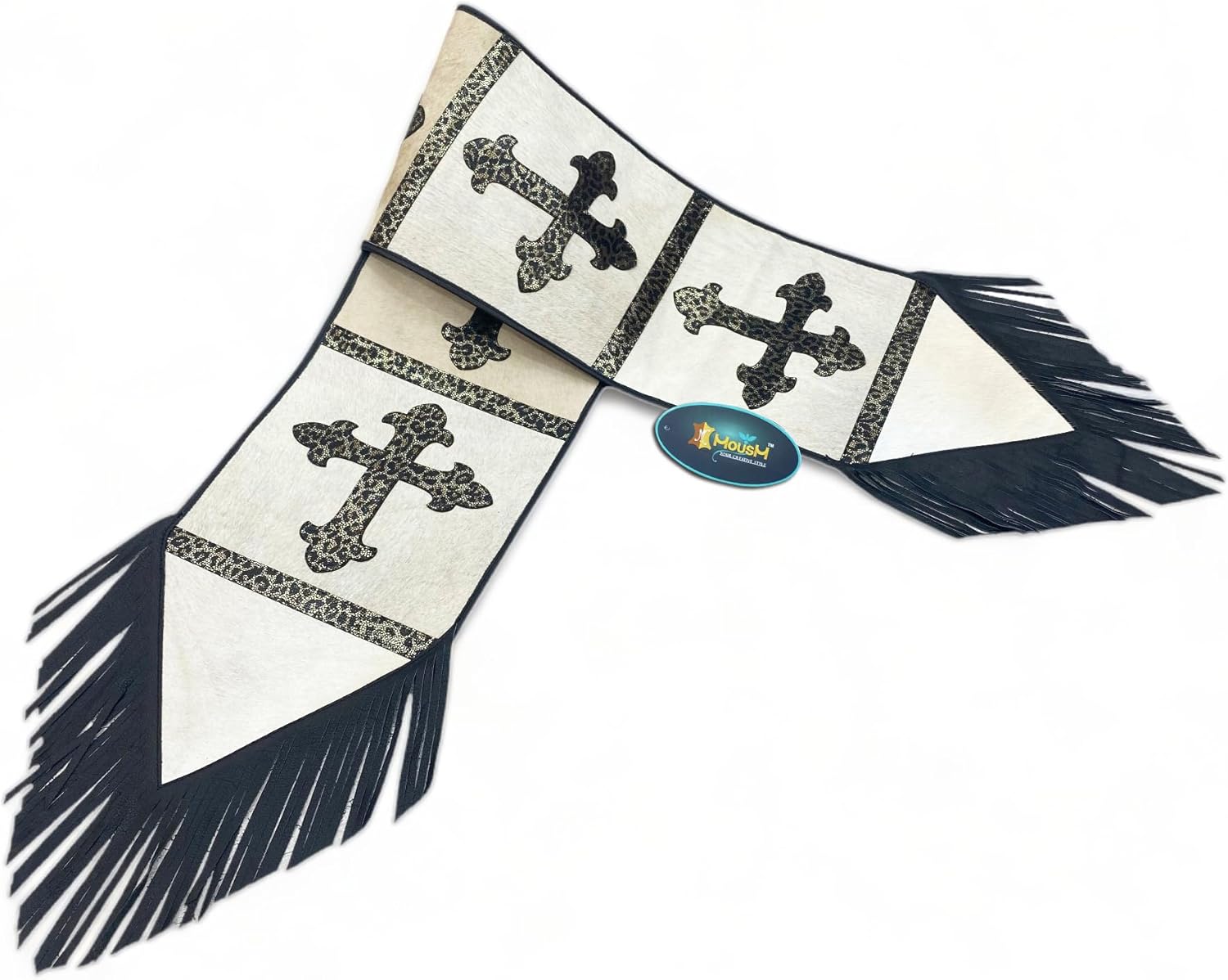 Cow Hide Leather Table Runner 12 x 72 Inches - Cream Cowhide with Crucifix Leopard Design Patch and Black Leather Fringe