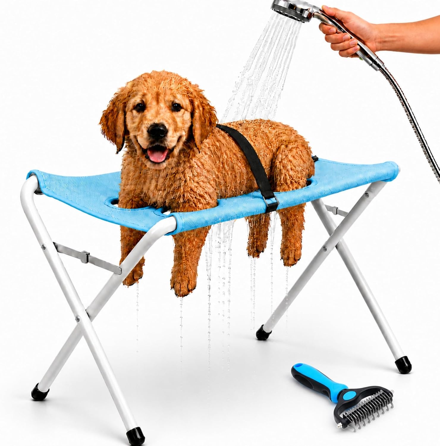 Foldable Pet Bathing Stand, Portable Dog Grooming Hammock Table for Small & Medium Cats & Dogs Nail Trimming, Dog Bath Holder (Blue)