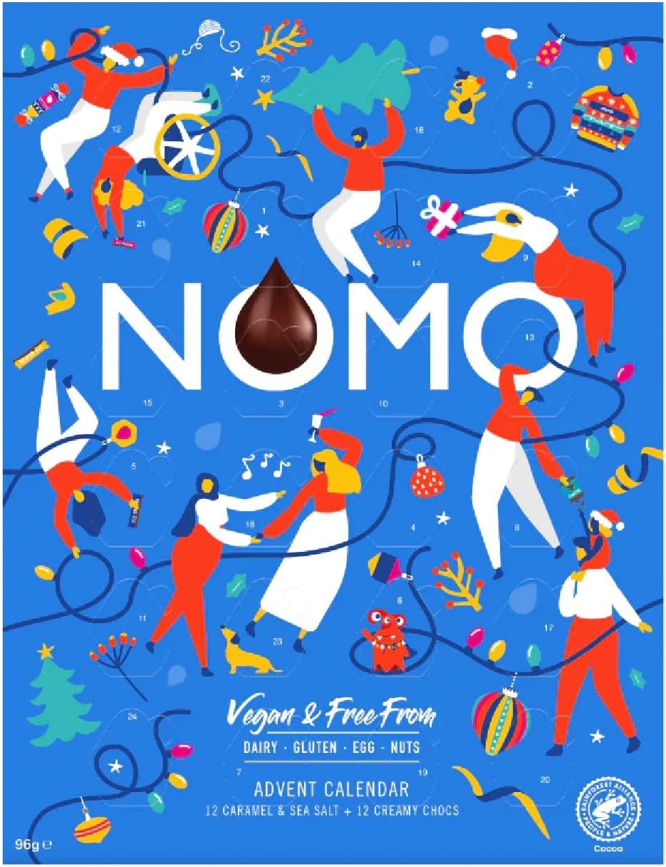 NOMO Vegan Chocolate Advent Calendar Christmas Eve 2022 Edition - Vegan & Free From Dairy, Gluten, Nuts, Egg