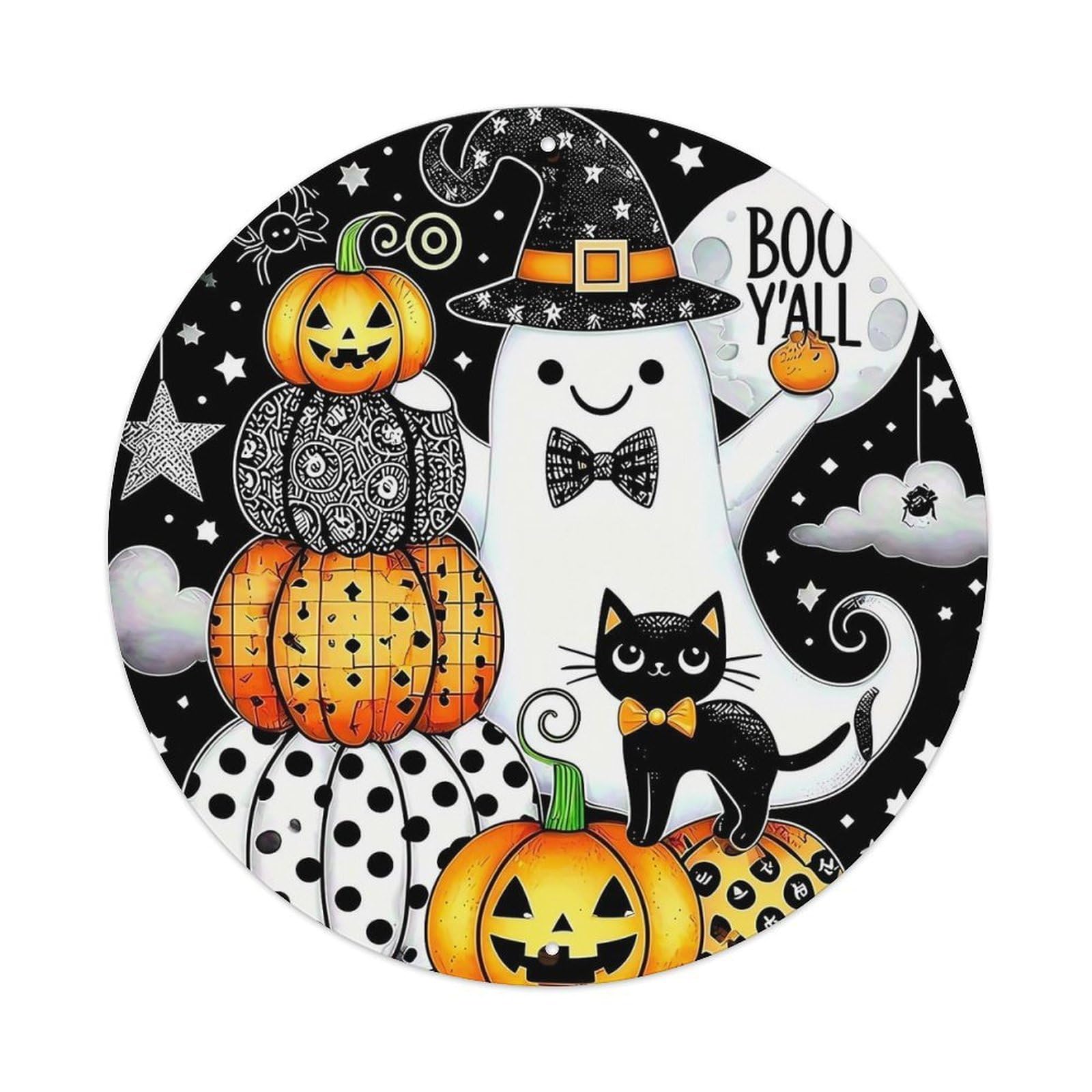 Halloween Ghost Pumpkin Cat Witch Vintage Round Tin Sign Retro Metal Wall Decor Metal Poster, Home Bar Garage Cafe Wall Art Decoration 8x8Inches