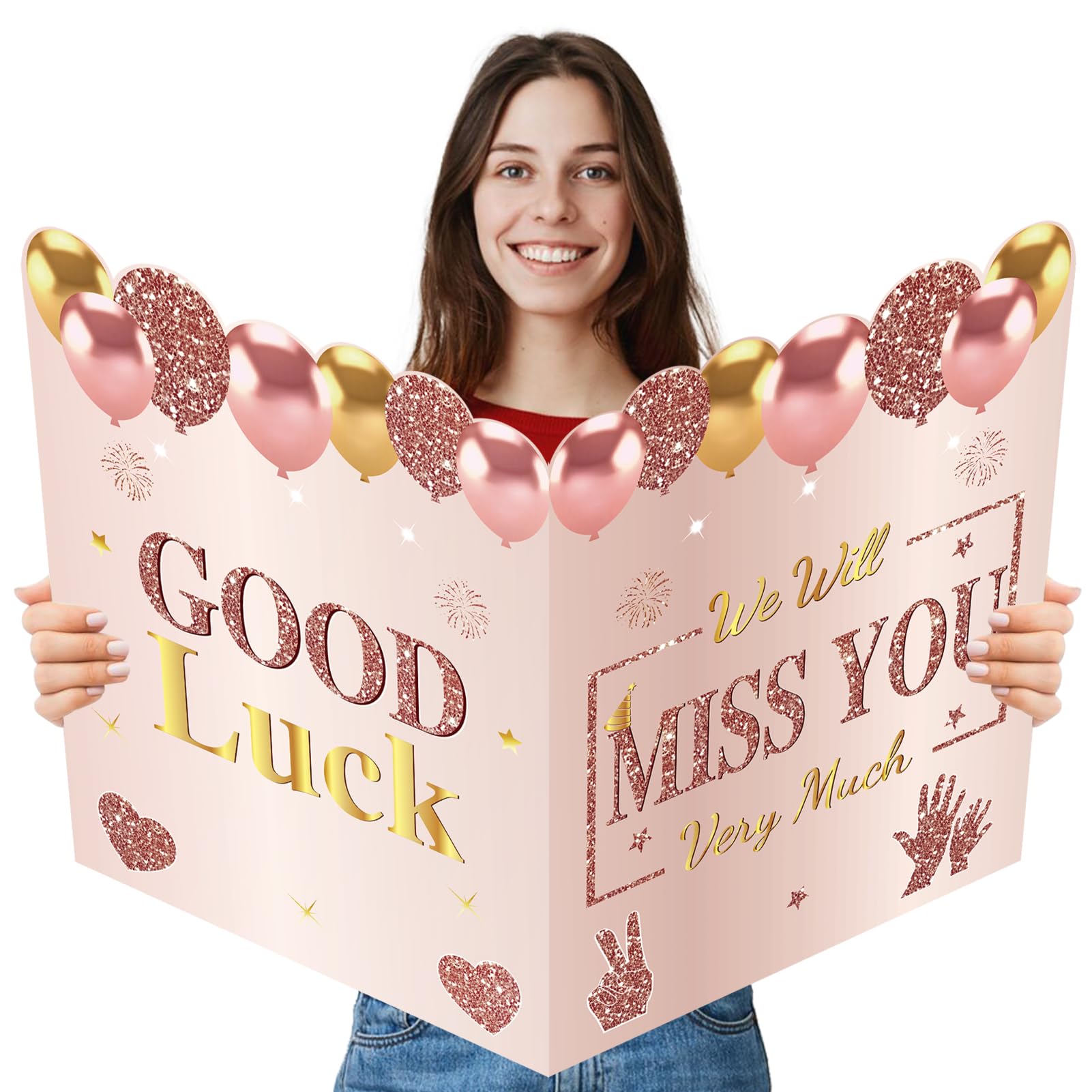 Turypaty Retirement We Will Miss You Greeting Card for Coworkers Women, Pink Rose Gold Guest Signature Book Gifts, Good Luck Blessing Greeting Card