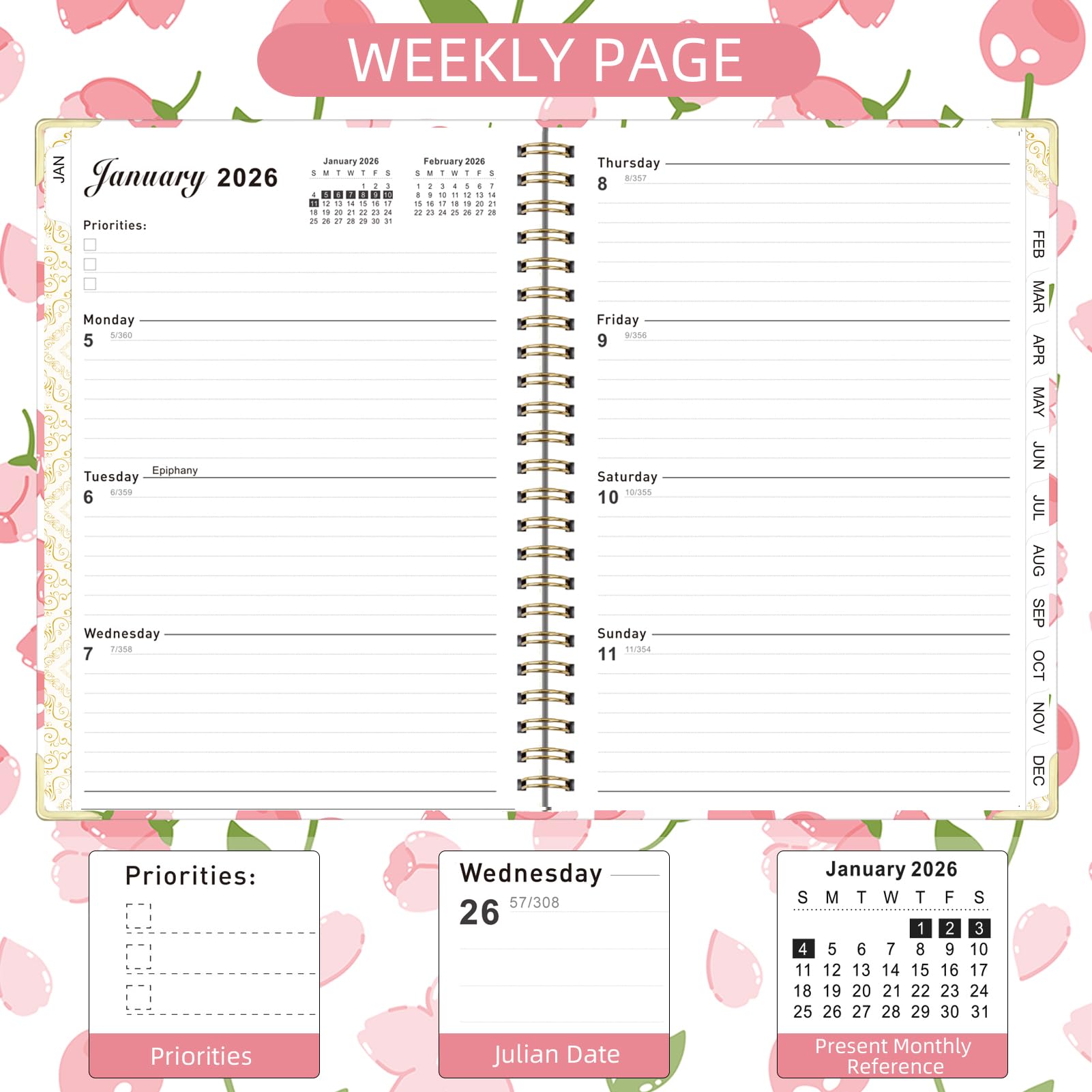 Knagsfa 2026 Monthly Planner, Jan.2026 - Dec.2026 Weekly Monthly Planner 6.25"x8.5" with Page Tabs, Calendar Hardcover with Inner Pocket, Elastic Band, Twin-Wire Binding, Bookmark, Sakura Cherry - Image 4