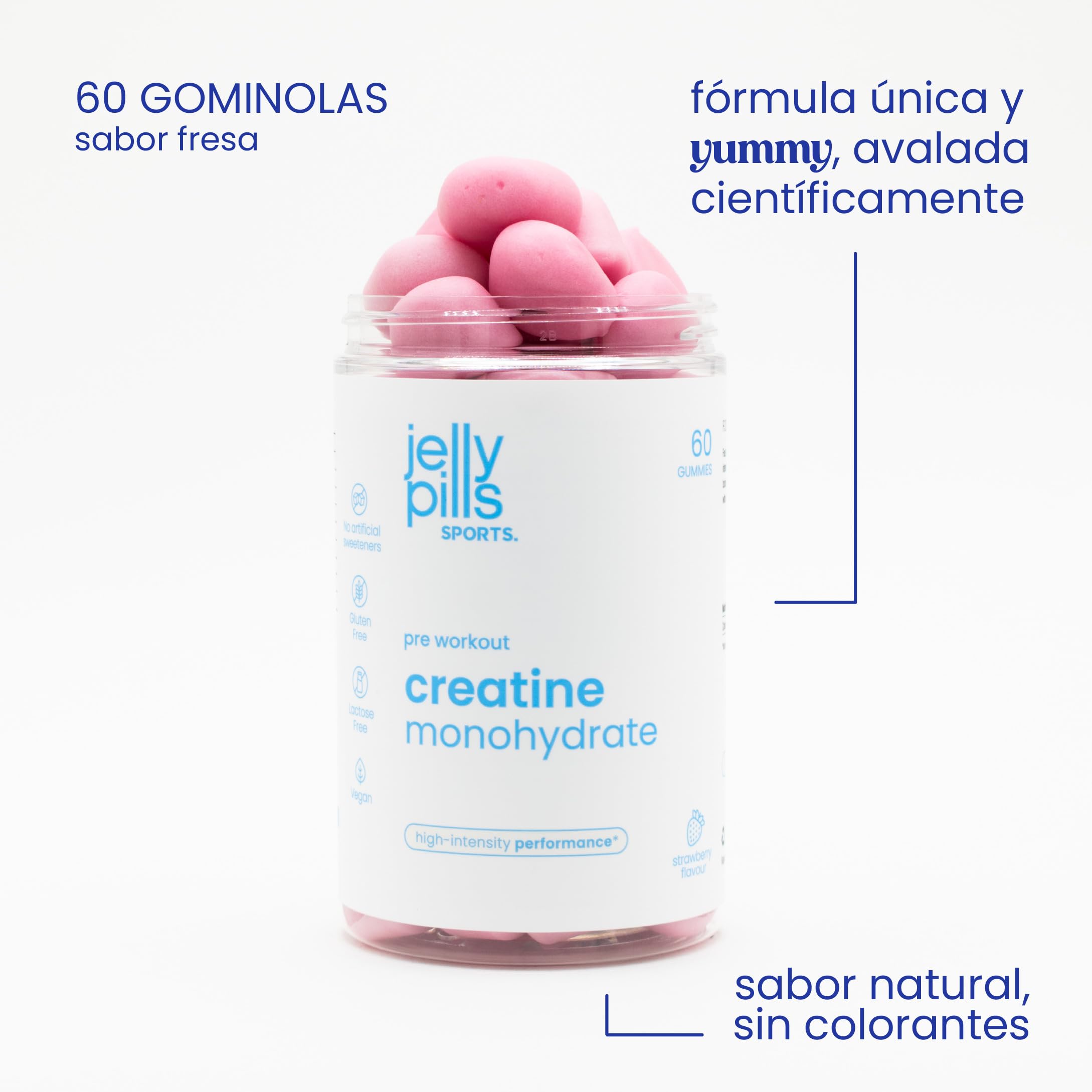 Gominolas de Creatina Monohidrato pura – 1,5 g por Gummy – 60 Gummies veganas – Pre-Workout Fuerza, Rendimiento Físico y Mental – Refuerzo Cognitivo – Sabor Fresa – Jelly Pills Sports – 1 mes