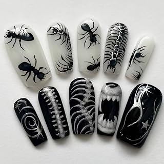 BABALAL Square Press on Nails Medium Acrylic Fake Nails Black White Gothic Glue on Ant Centipede Skull Design Goth Halloween Supplies Decoration 24Pcs Squoval Glossy Full Cover Nails for Women Girls