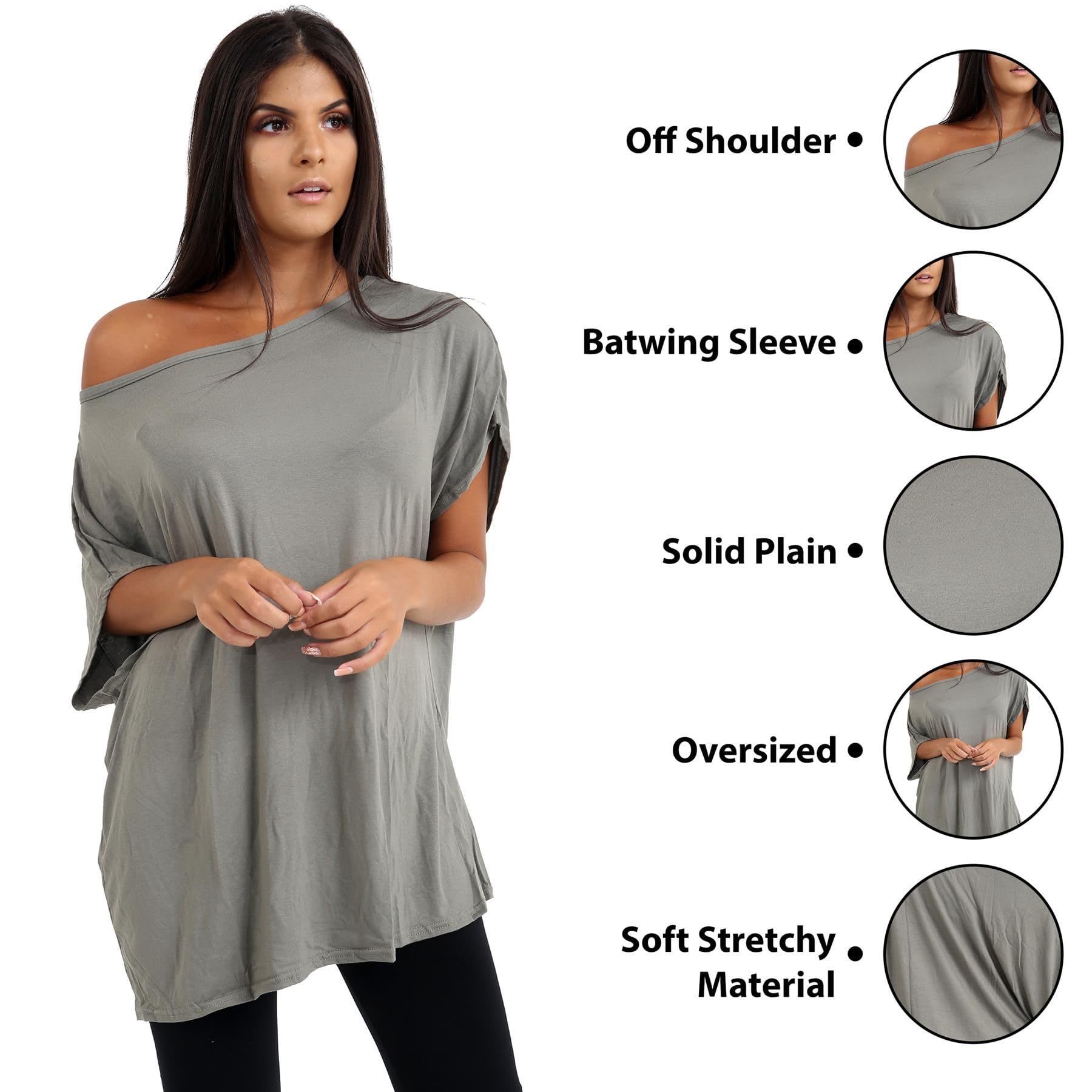 janisramone® Lot de 2 hauts à épaules dénudées pour femme, t-shirts surdimensionnés à manches courtes chauve-souris pour femme, haut uni à épaules dénudées, t-shirts amples décontractés, vêtements de