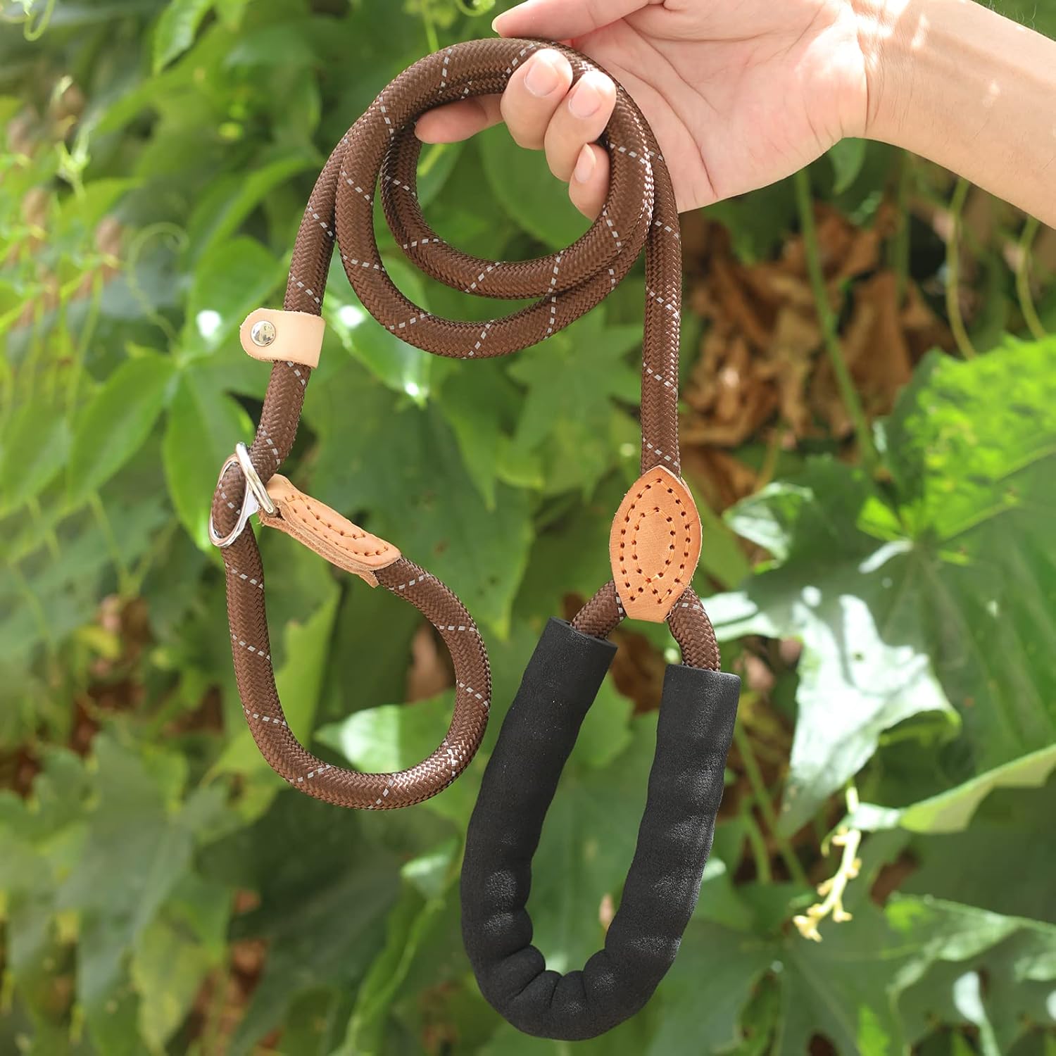 Bouverg 5FT Adjustable No- Pull Double-Sided Reflective Superior Nylon Dogs Leashes with Soft Padded Handle, Durable Strong Rope for Large and Medium Dogs Walking (Brown)