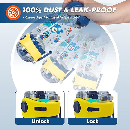 Miniatura 4 de Botella de agua para niños con cordónfunda para niños y escuelas, 20 onzas, sin BPA, apertura de un clic, tapa abatible con cierre a prueba de fugas