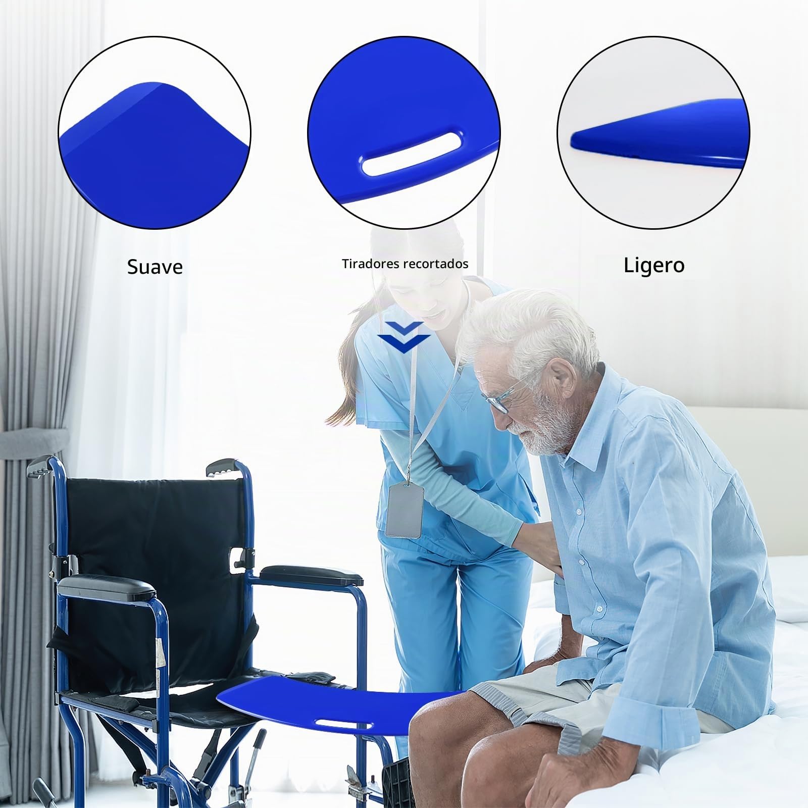 [LOSCHEN]Tabla de transferencia, deslizador para pacientes o Handica de silla de ruedas a la cama, el inodoro, la bañera, el coche - Tabla deslizante con un mango (azul)