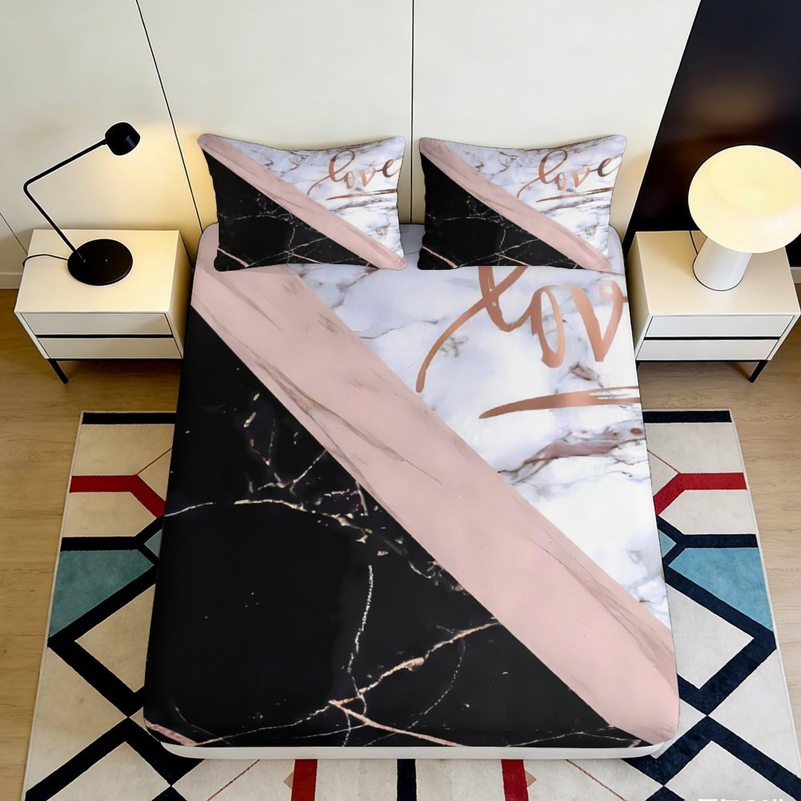 3D Printed Marble Geometric Fitted Sheet Microfiber Pink Black Abstract Pattern Mattress Cover for Bedroom Guest Room 90x200x25cm