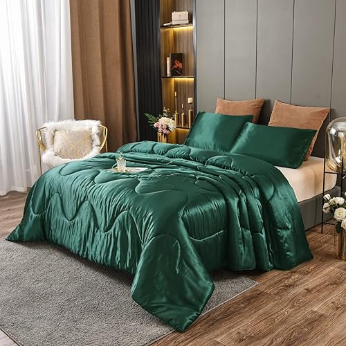 NTBED Silky Satin Comforter Set Queen Dark Green, Soft Lightweight Microfiber Luxury Sexy Quilted Bedding Sets with 2 Matching Pillow Covers for Summer Spring Autumn