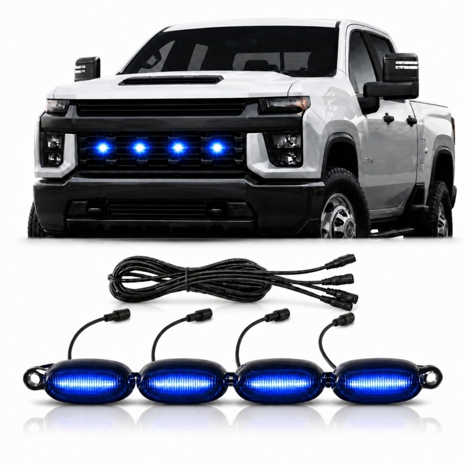 UBH Car Front Grill Set of 4 Pcs Universal Smoked Shell Style DRL Emergency Warning Off-Roading Lights (4 X 4) for All Cars, Vans, SUV, Trucks (Blue)-image-12
