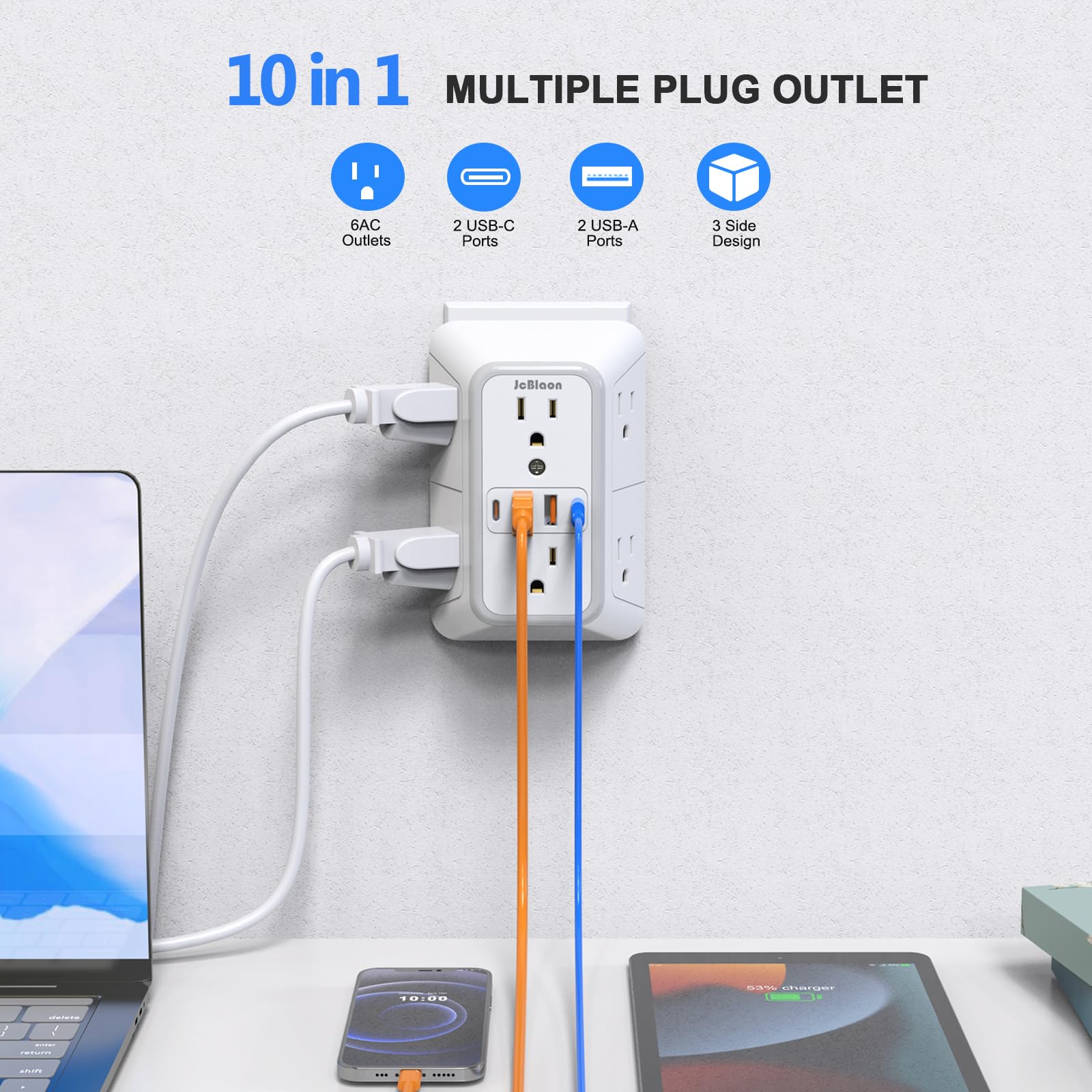 2 Stück Steckerverlängerung, 6-fach Steckdosenleiste mit 4 USB-Steckdosen (2 USB A, 2 USB C), 3-seitiger Netzstecker mit Adaptersteckdosen für die