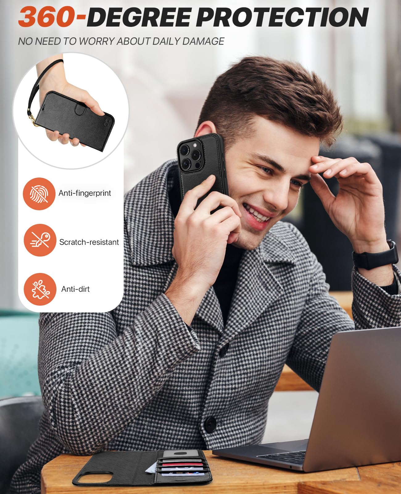 OCASE Kompatibel für iPhone 16 Pro Max Hülle (2in1) Leder Stoßfestes Case, Abnehmbare magnetische, Mit Handschlaufe, Kabelloses Laden, Kartenfach, Standfunktion, Handyhülle RFID Schutzhülle Schwarz