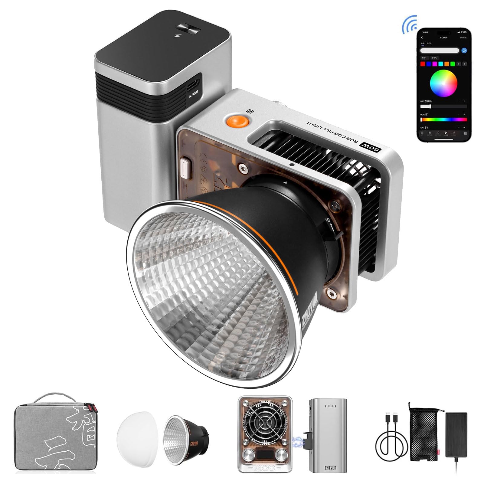 ZHIYUN Molus X60 RGB Combo 60W COB Video Light,LED Camera Light, Bi-Color 2700K-6500K CRI 95 TLCI 98 w/Grip Battery, APP Control 15 Scenes for Video Recording/Portrait Shooting/TVC