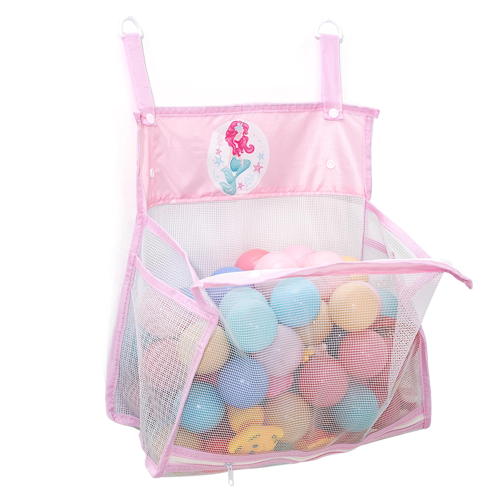 Gealaek Bath Toy Organizer Storage for Kids Mesh Bath Toy Holder with Large Capacity Multiple Hanging Options & Bottom Zipper for Easy Access (Pink Mermaid)