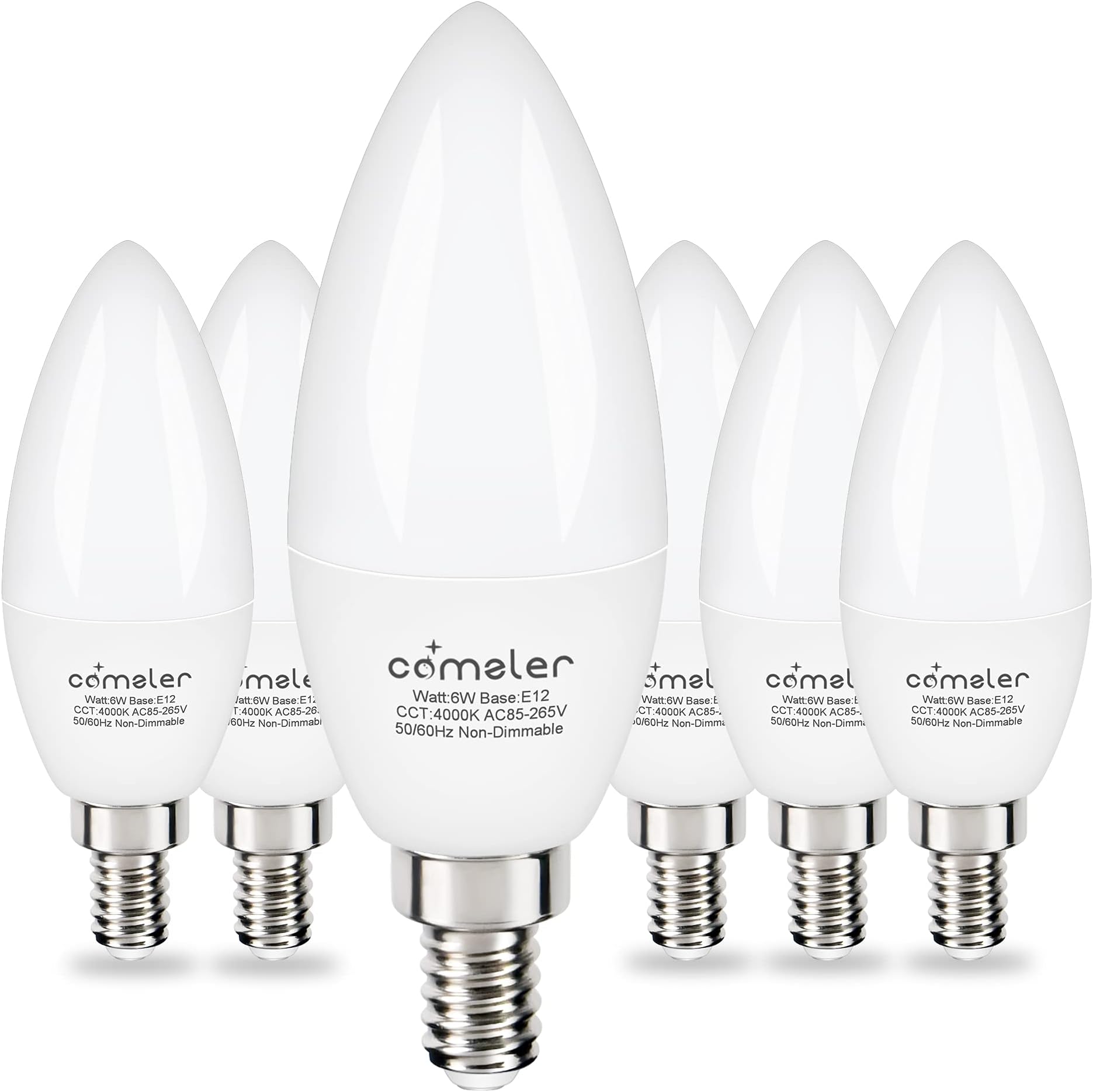 comzler Type B Small Light Bulb, Candelabra LED Light Bulb E12 Small Base 4000K Neutral White - 60watt Equivalent,600LM,Non-Dimmable Candelabra Bulbs, Pack of 6, Non-Dimmable