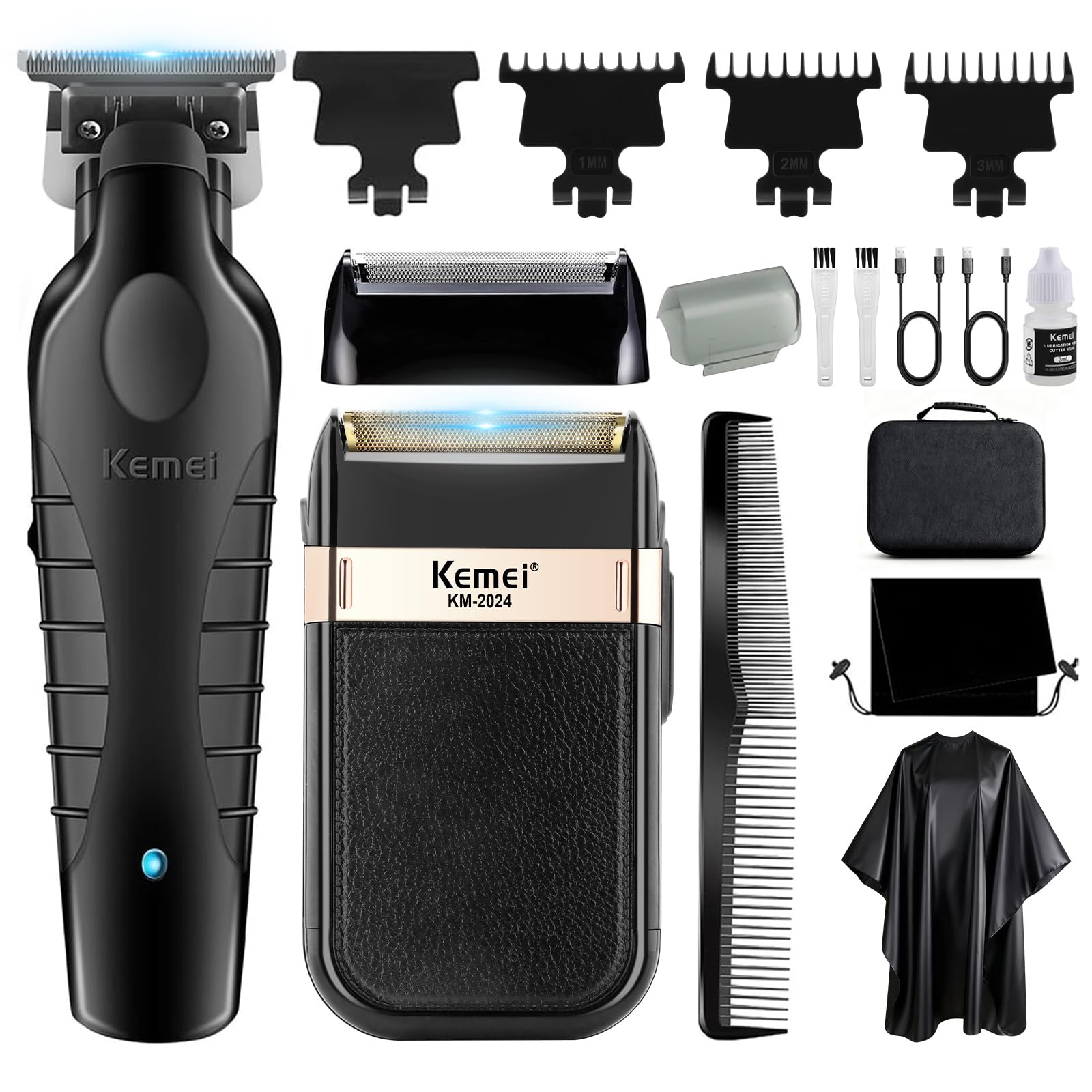 KEMEI Set tagliacapelli e rasoi a lamina, tagliacapelli elettrico da uomo, rasoio elettrico senza fili, rasoio di precisione T-Blade Zero Gapped Hair/Barba, ricaricabile USB