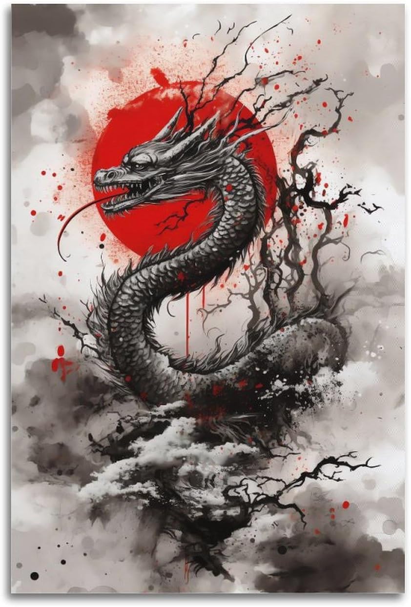 Dragon Wall Art, Japanese Wind Dragon Mural, Bushido Spirit