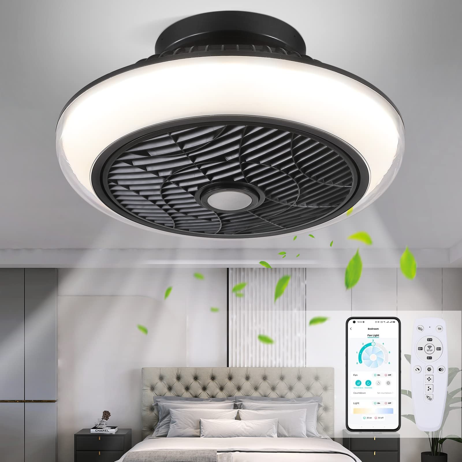 Kviflon 30-Inch Flush Mount Ceiling Fan With Palm Leaf Blades – Remote/APP Controlled, 6-Speed Reversible Motor, Dimmable Light For Patios & Bedrooms