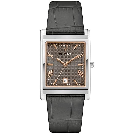 Bulova Pulseira masculina clássica de couro de quartzo com calendário de 3 ponteiros, mostrador estampado, cristal de safira, 29 x 41 mm, Cinza, Pulseira de aço inoxidável prateado de quartzo Sutton