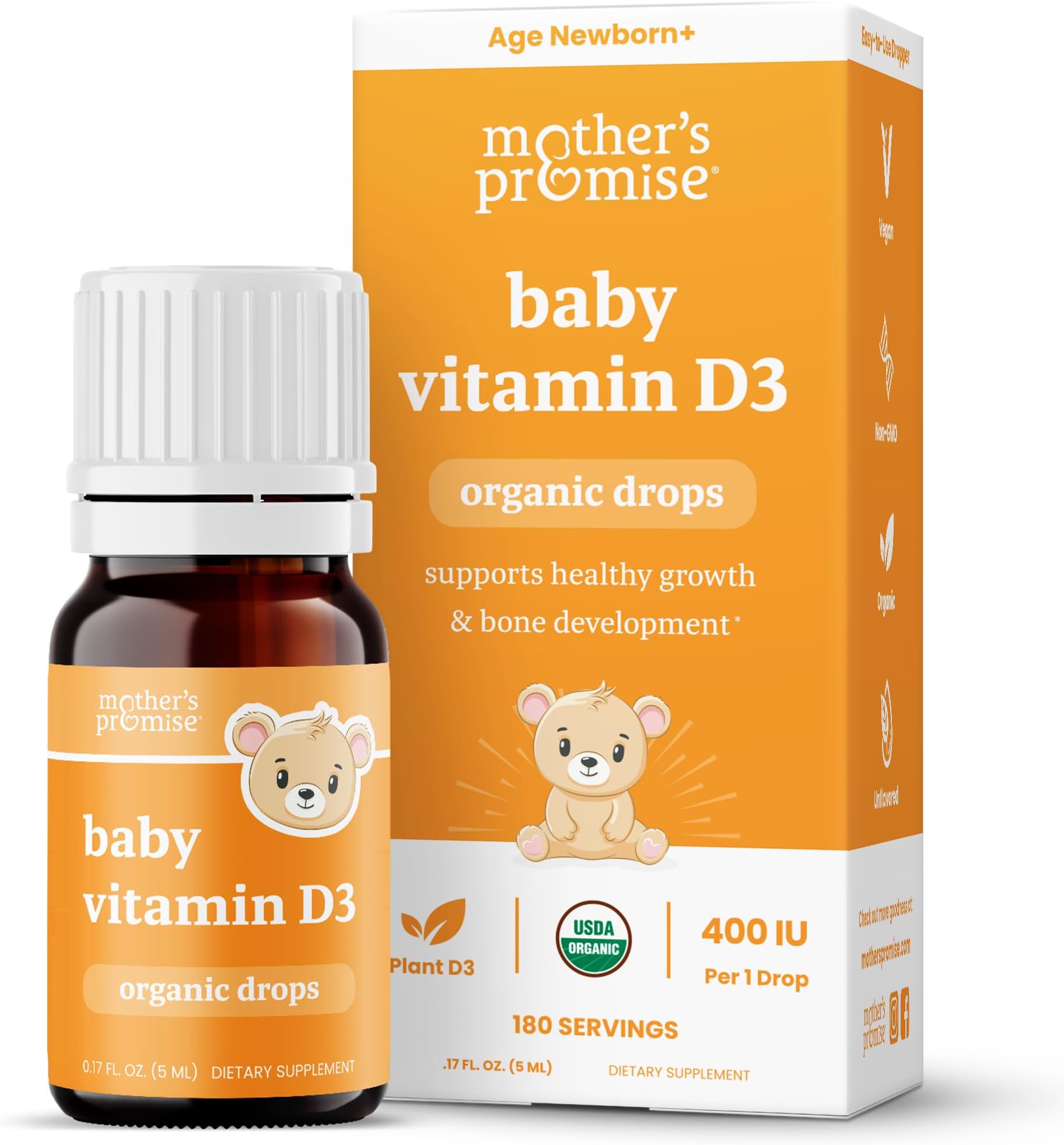 Organic Vitamin D Drops for Babies, Infants & Toddlers 100 PlantBased, 180