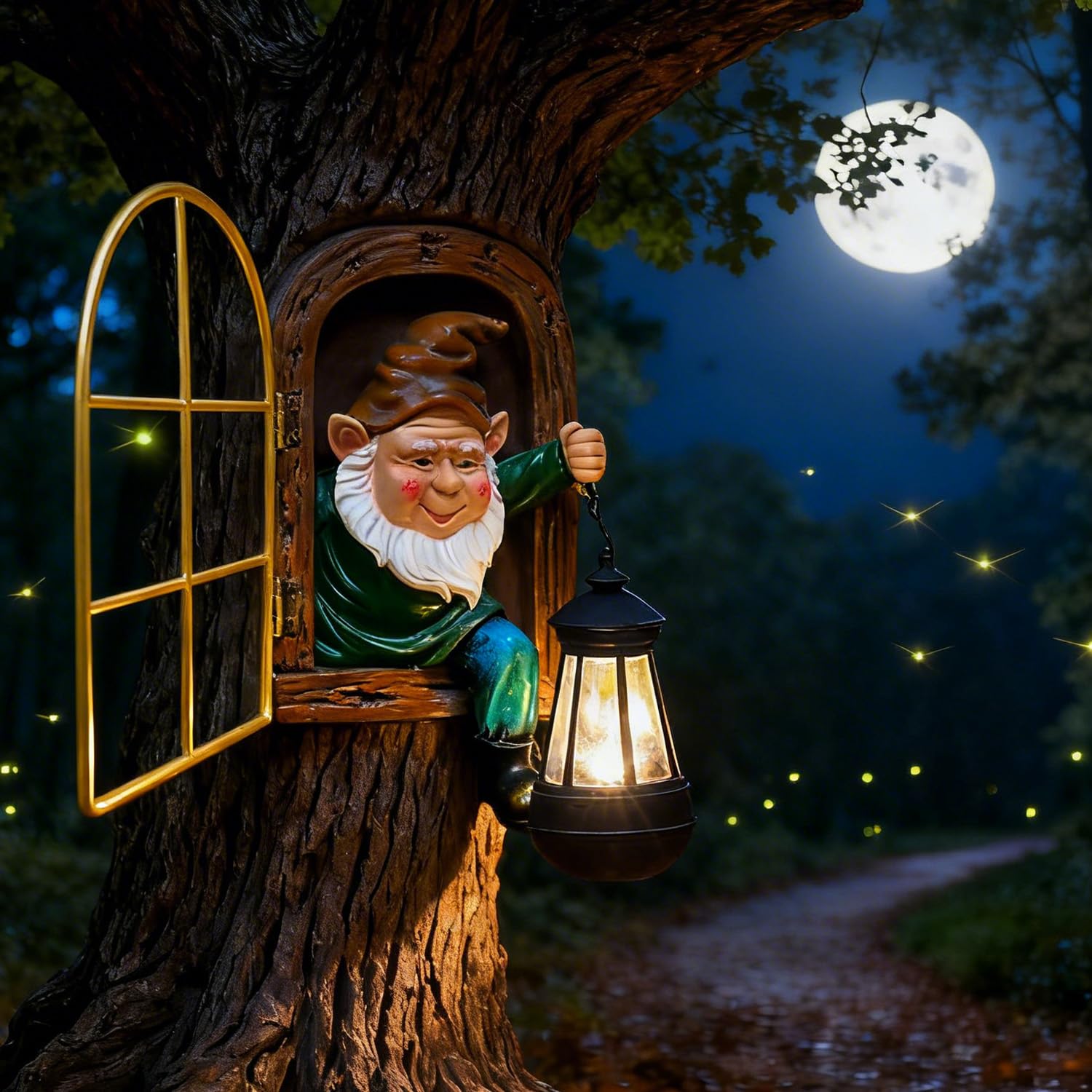 Garden Gnome Ornaments Outdoor Statue - Gnomes with Solar Lantern Lights, Waterproof Whimsical Elf Out The Door Tree Hugger Garden Statues, Fence, Patio, Housewarming Gardening Gift Tree Faces Gnomes
