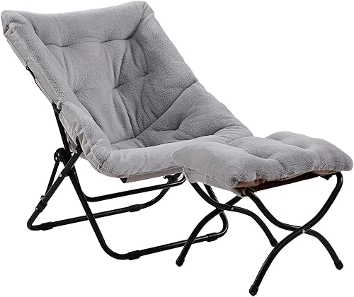 Cómoda silla plegable con otomana, silla plegable de piel sintética de gran tamaño, silla suave y peluda con marco de metal, silla de luna para
