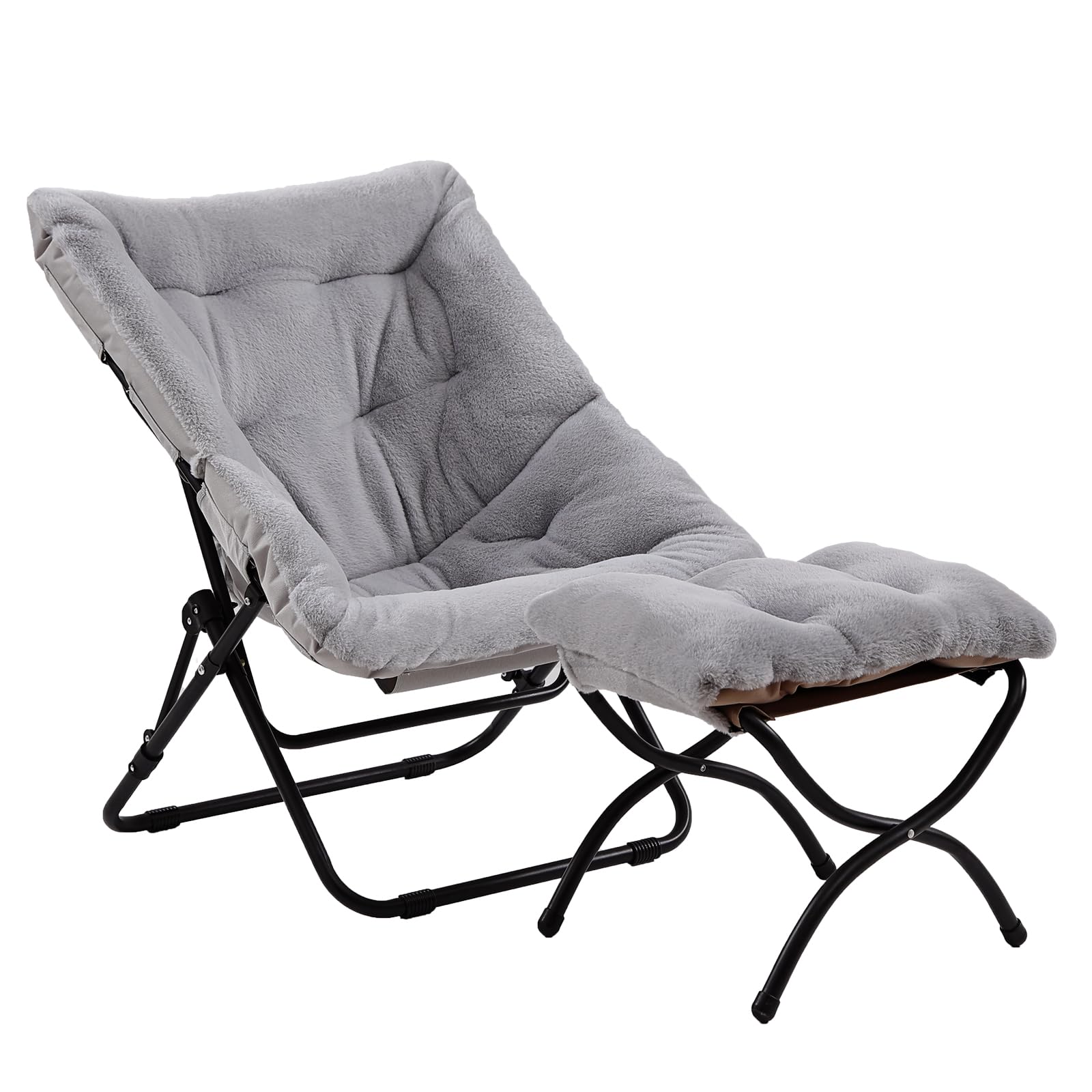 Comfy Folded Chair with Ottoman, Oversized Folding Faux Fur Chair Soft Furry Lounge Lazy Chair with Metal Frame Moon Chair Accent Chair for Bedroom, Living Room, Dorm Rooms