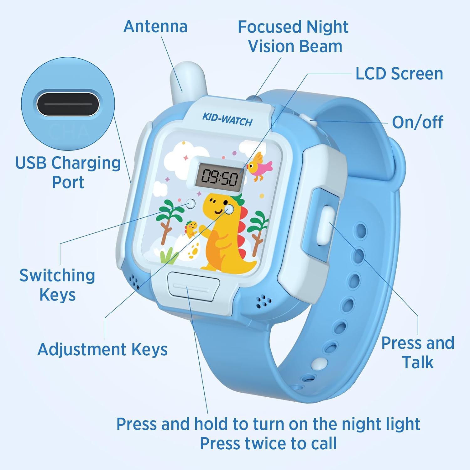 Rechargeable Walkie Talkies Toys for Kids, Hands-Free Walkie Talkie Watch Toys for Boys Age 3-12 with 3274FT Range, Wearable Wrist & Lanyard, Outdoor Toys for Camping, Hiking, Birthday Gifts (Blue)