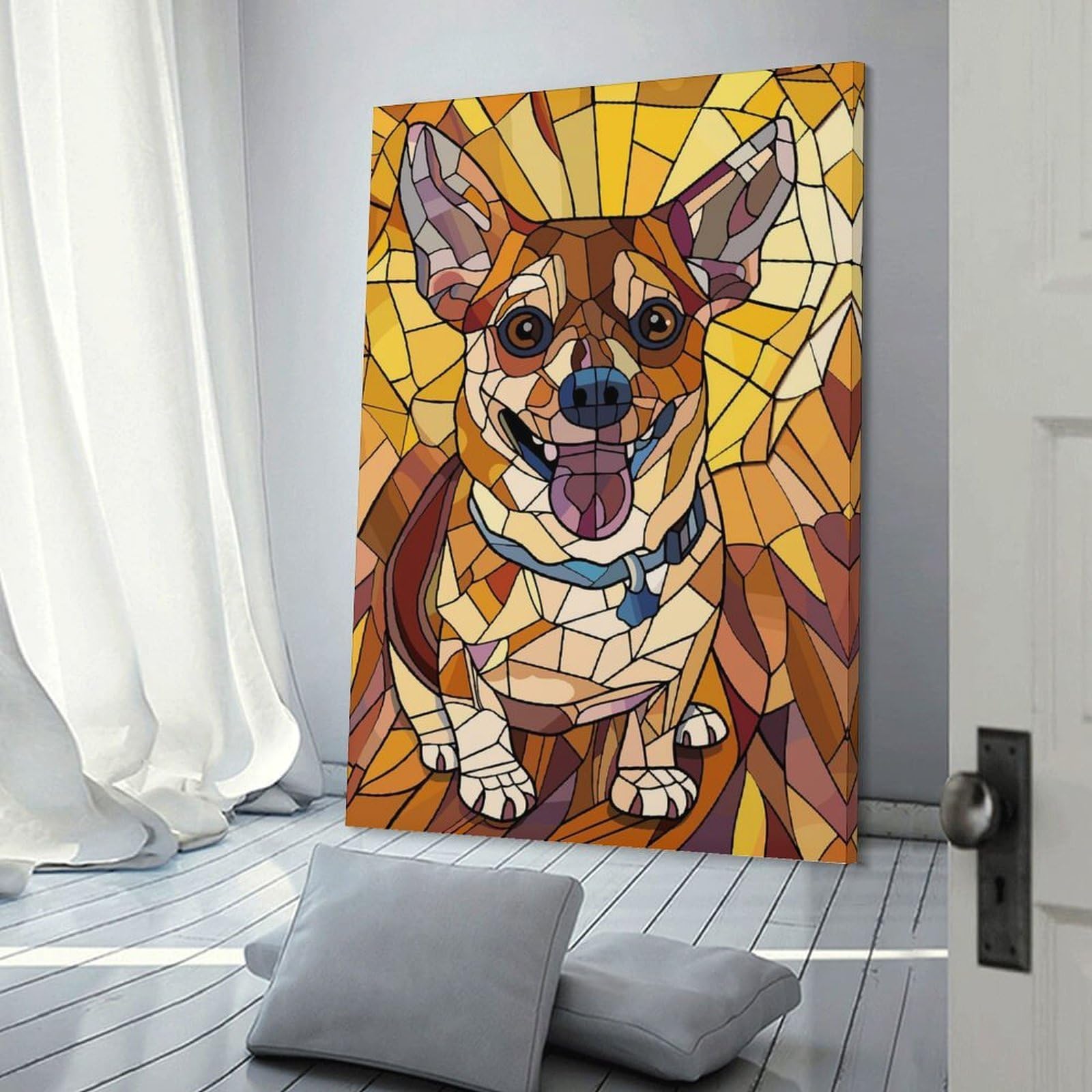 Junmoney Stained Glass Chihuahua Portrait Canvas Art Print, 20x30inch(50x75cm), for Living Room, Bedroom, Office Or Hallway, Decorative Artwork with Broad Appeal