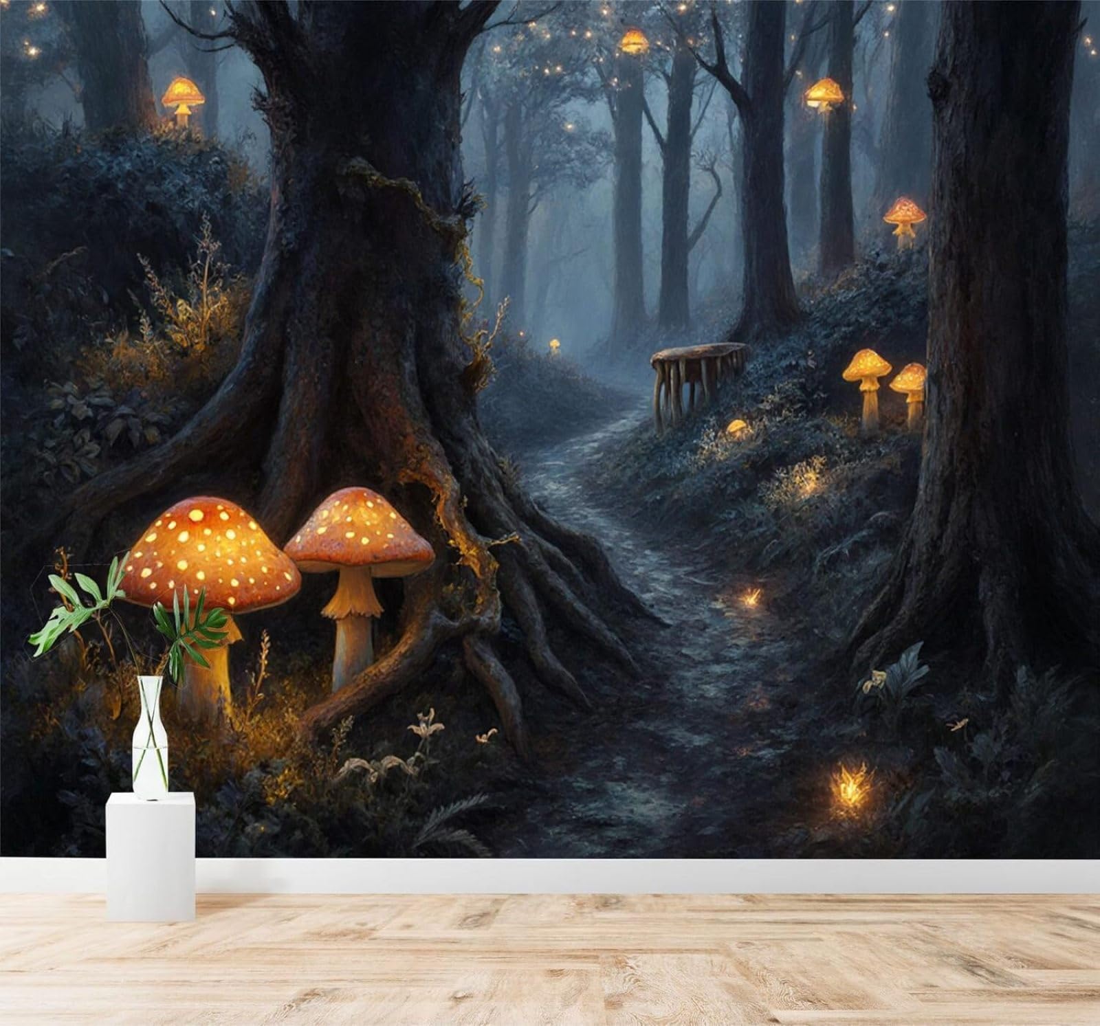XLMING Forest Path Glowing Mushrooms Lights Night Scene 3D Wallpaper Silky Texture Home Study Office Grey Dining Room Sofa Bedroom Living Room TV Backdrop-150cm×105cm