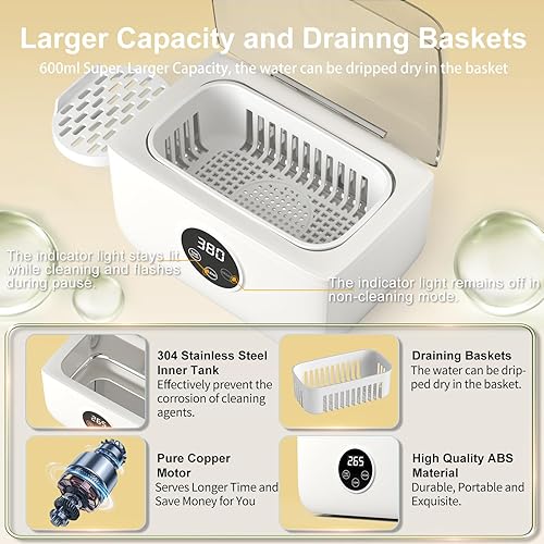 Miniatura 5 de Aocktobar - Limpiador ultrasónico de joyas, máquina ultrasónica de 20.3 fl oz con 5 temporizadores digitales y función de desgasificación, limpiador