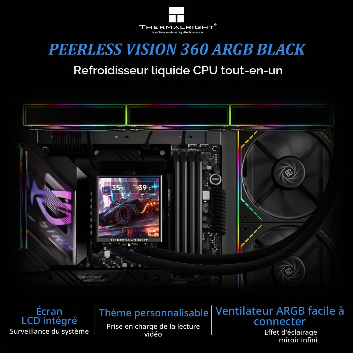 Thermalright Peerless Vision 360 ARGB Black Aio CPU, écran IPS 3,95" avec résolution 480 x 480, ventilateur sans fil Splicing CPU pour AM5/Intel LGA1851/1700