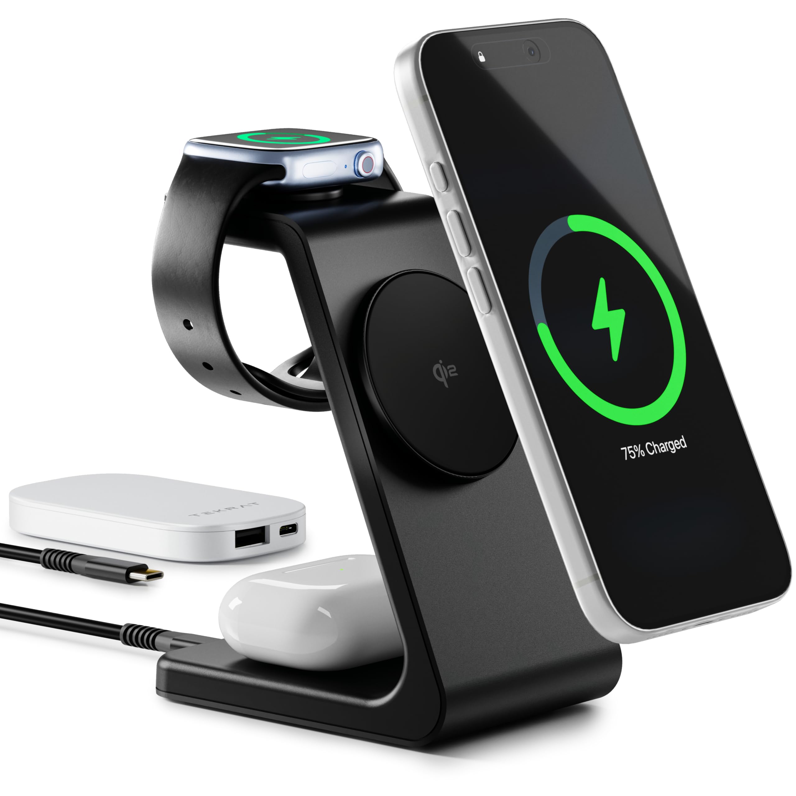 Estación de carga inalámbrica 3 en 1, cargador inalámbrico Qi2 compatible con MagSafe, para Apple iPhone 17/16/15/14/13/12, Apple Watch, AirPods Pro y más (adaptador de corriente delgado de 30