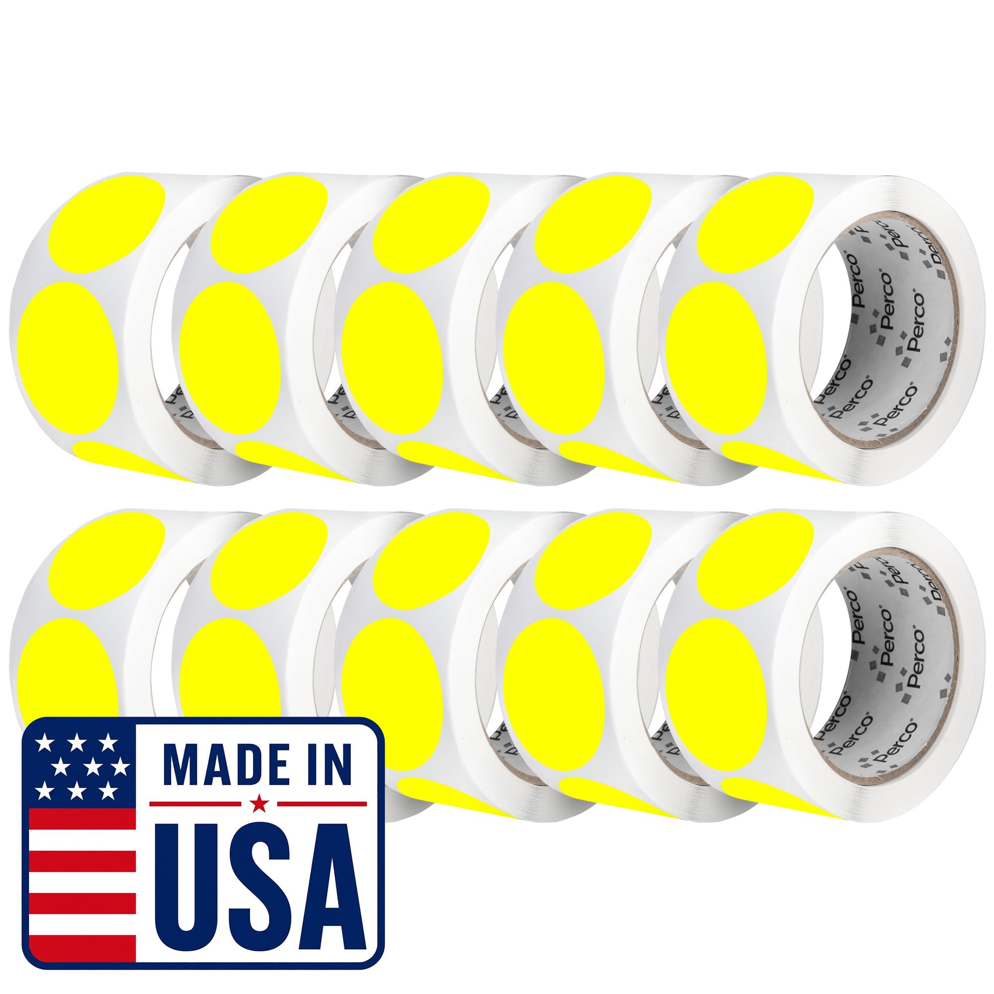 Perco Neon Yellow Perforated Round Circle Dot Sticker 2-Inch Labels — 10 Rolls, 5,000 Stickers - Price Stickers, Notes, Alerts &amp; Warning Labels, High Visibility—Made in USA