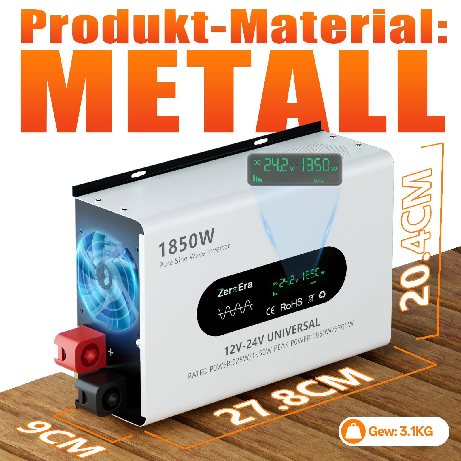 Wechselrichter 12V/24V auf 230V,KFZ Spannungswandler,Nennleistung 925W/1850W,Spitzenleistung 1850W/3700​W,Reiner Sinus,LCD,intelligente Erkennung,2 EU-Buchse,1 Typ C,2.1A USB-Anschluss,Fernbedienung