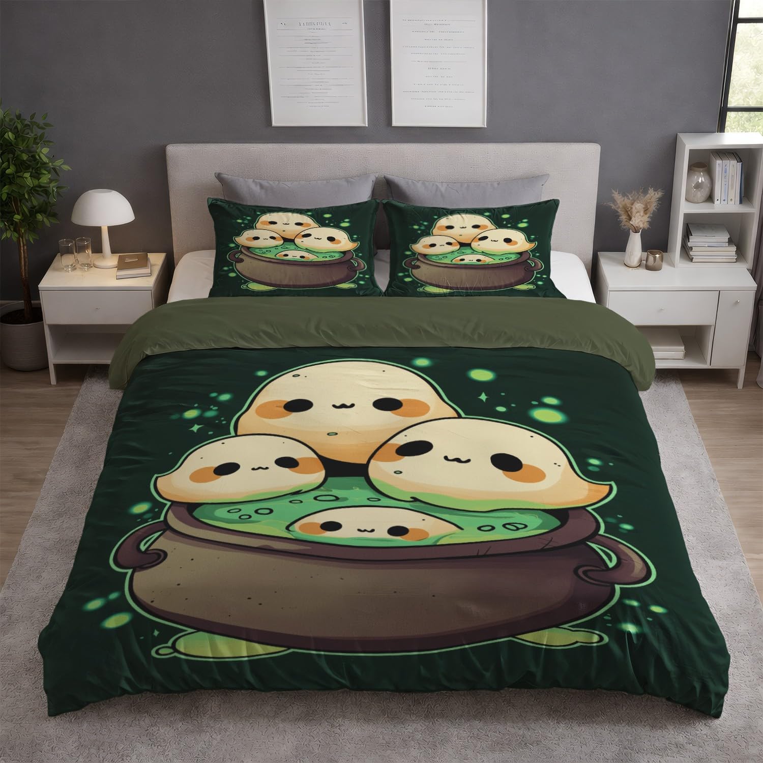 Générique Poszwa na kołdrę zielona beżowa dekoracja wnętrz 220 x 240 cm Cartoon mikrofibra zestaw pościeli uroczy tygiel duch dwustronna poszwa na kołdrę z zamkiem błyskawicznym